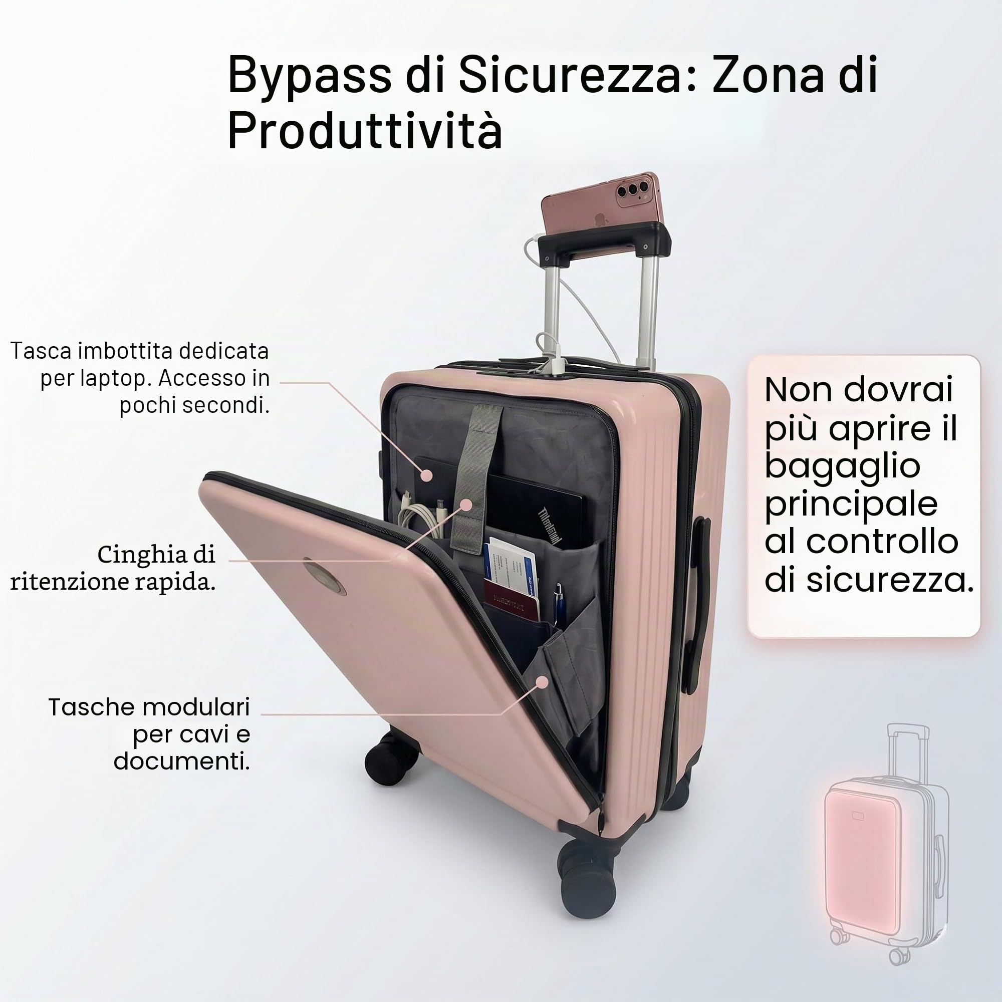 CAMIR-Valigia da cabina con USB Smart Bagaglio Trolley a mano Borsa multiuso Tasca frontale Bagaglio a mano portatile 4 ruote, Valigia da cabina con lucchetto TSA 55x35x23,5 ABS+PC (ROSA)