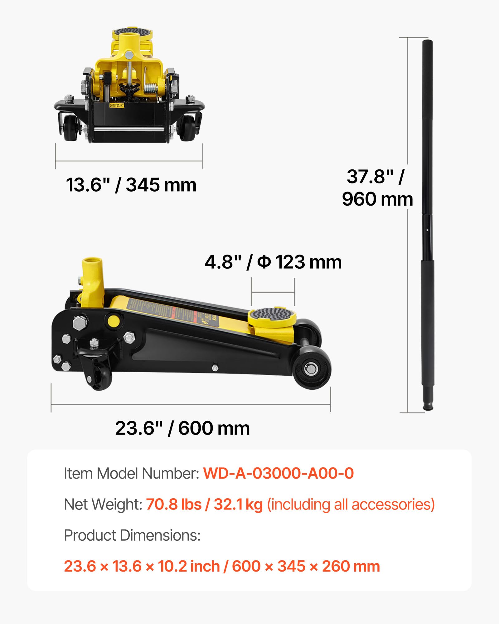 VEVOR Martinetto da Pavimento a Basso Profilo 3 Tonnellate Martinetto da Pavimento da Corsa in Acciaio per Carichi Pesanti con Pompa a Sollevamento a Pistone Singolo, Campo di Sollevamento 130-500 mm