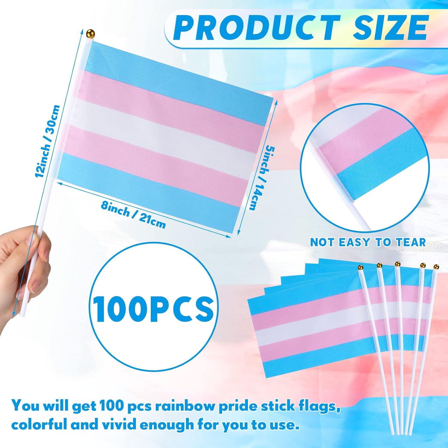 Mixweer 100 Pcs Handheld Transgender Flag Mini Rainbow Trans Pride Flag on Sticks for LGBT Pride Rainbow Party Festival Decorations Transgender Parades, 5 x 8 Inch