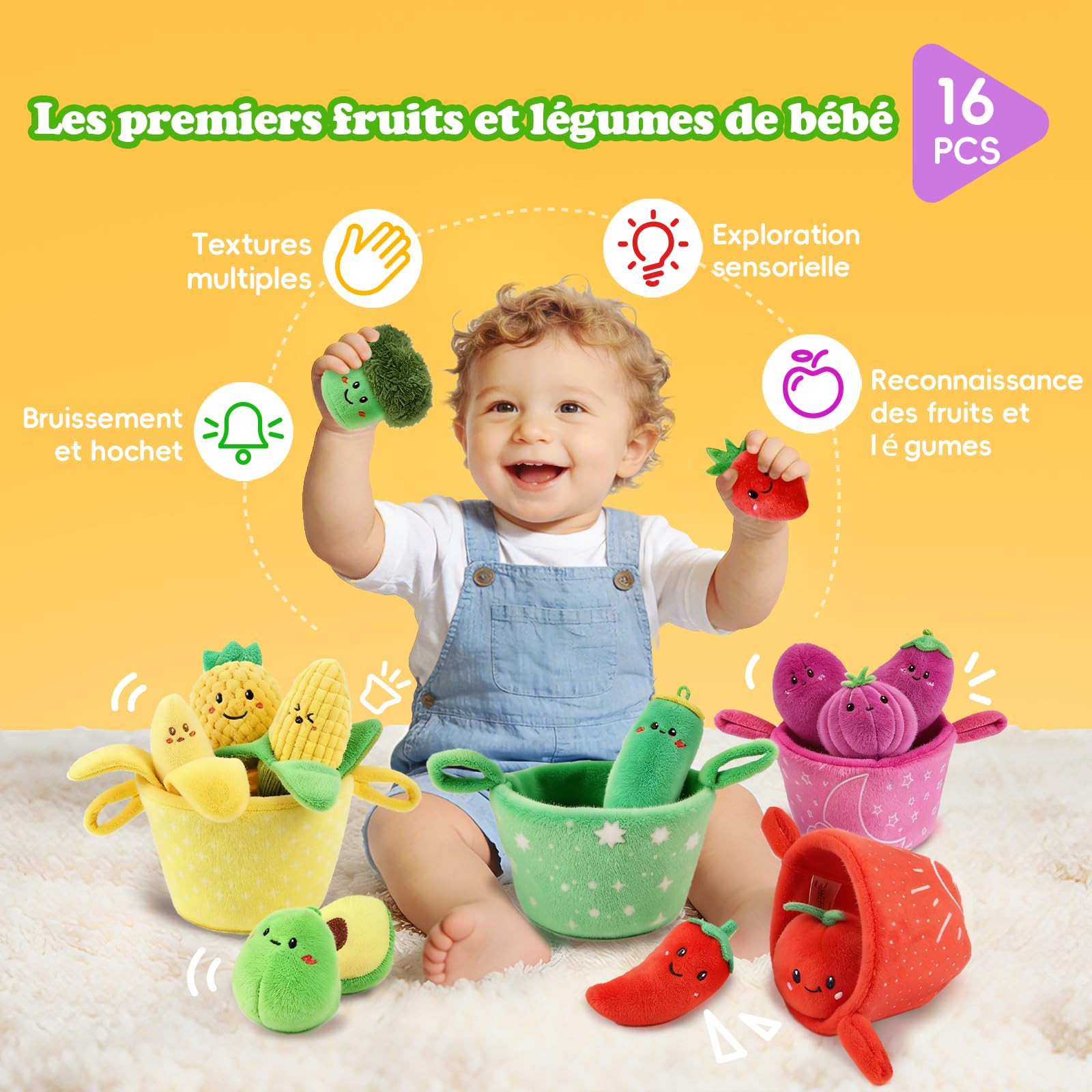 SAIMAND Jouet Montessori Bébé 6M+ Mois, Fruits Légumes en Peluche Originale | Jouet Bebe 1 An, Tri des Couleurs & Motricité Fine, Coffret Sensoriel 16 Pièces avec Paniers, Cadeau Enfant 1 2 3 Ans