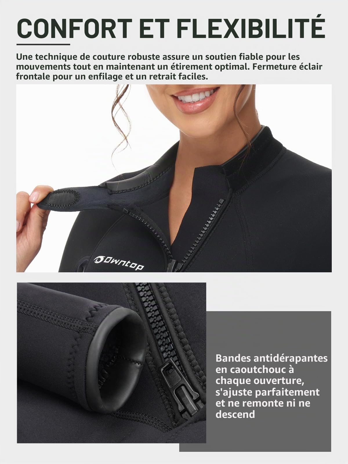 Owntop Femmes Combinaison de Plongée 3/2mm - Combinaison Humide à Fermeture Éclair Avant, Stretch Pro Néoprène Thermique Longueur Complète pour Surf Plongée avec Tuba, Femme Noir XXL