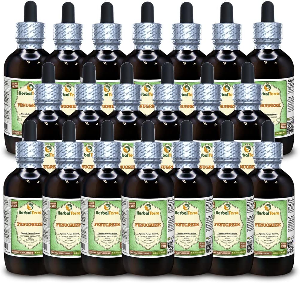 Fenugreek (Trigonella foenum-graecum) Glycerite, Organic Dried Fruits Alcohol-Free Liquid Extract (Brand Name: HerbalTerra, Proudly Made in USA) 20x4 fl.oz (20x120 ml)