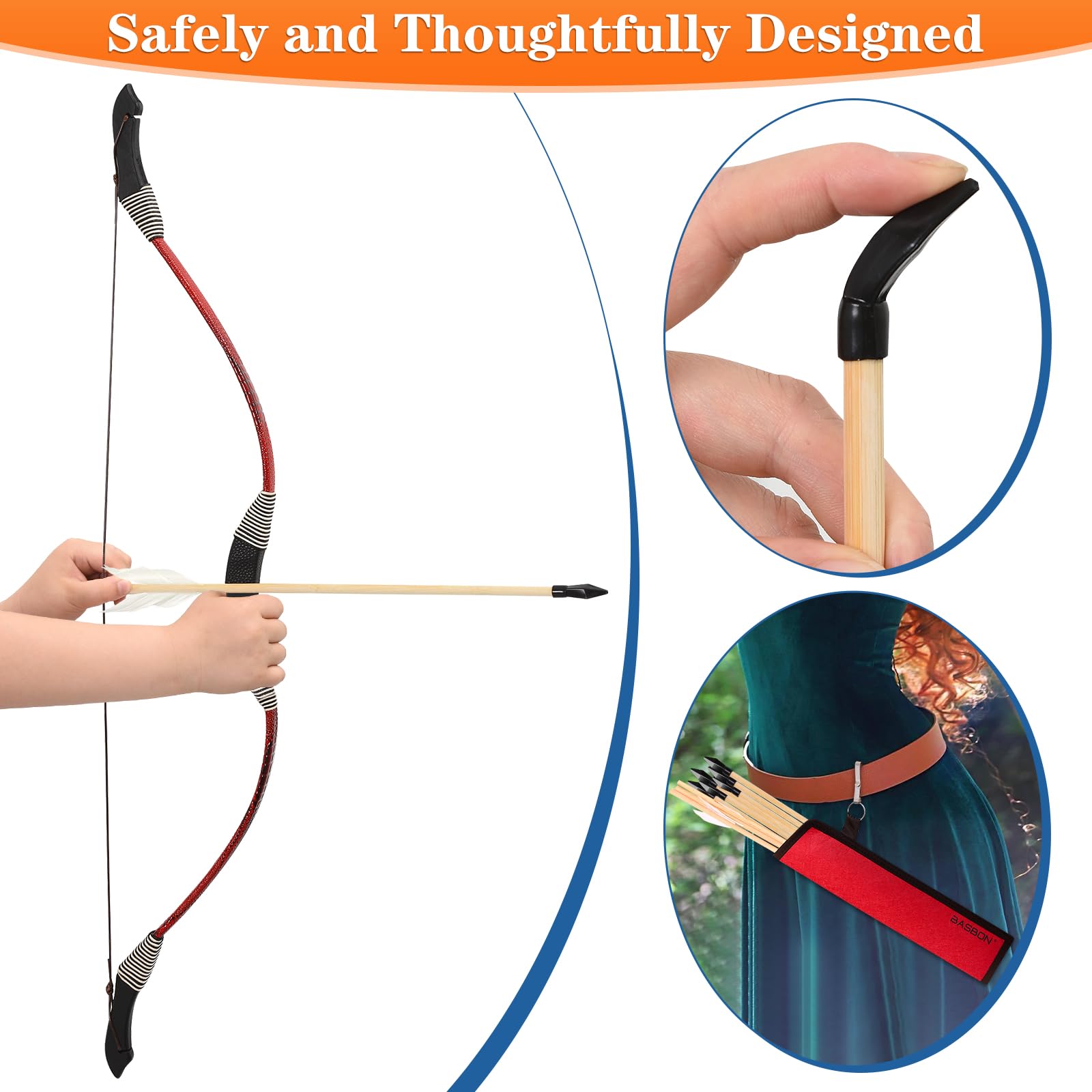Kids Bow and Arrow Set, 33? Archery Set Wrapped in Microfiber Leather Wooden Toy Bow and Arrow for Kids 6-8 8-12, 7 Wood Arrows, 3 Feathered Arrows (Rubber Tip), Gifts for Youth Boys Girls, Red