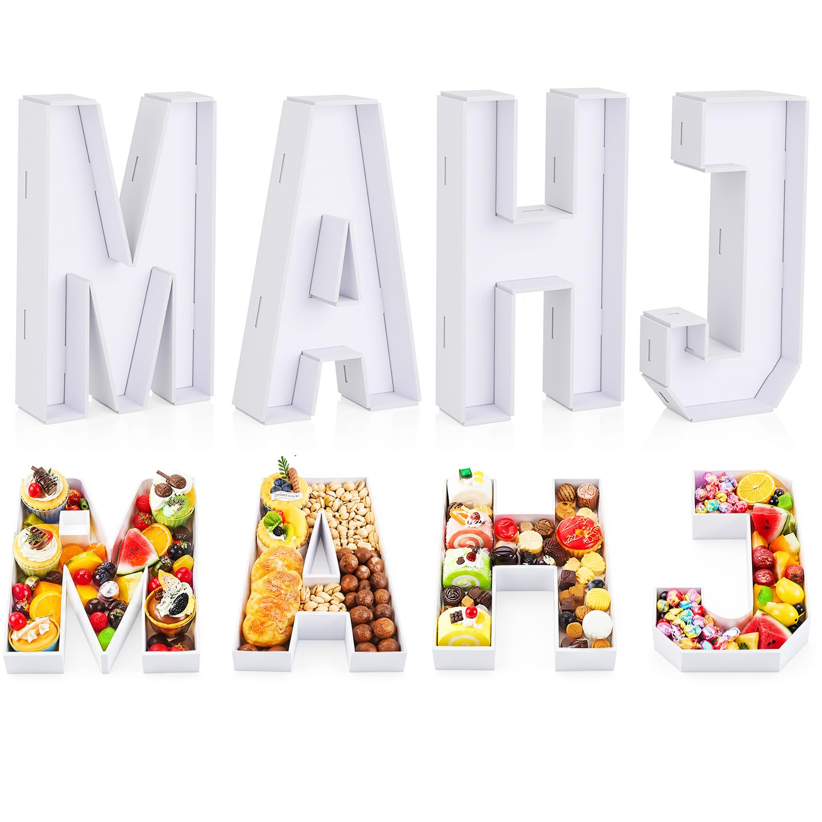 Blushtier 4 letras de embutidos Mahjong rellenables, bandejas de cartón blanco MAHJ de 13.78 pulgadas, buzones rellenables para aperitivos de frutas, galletas, dulces, decoración de mesa de fiesta