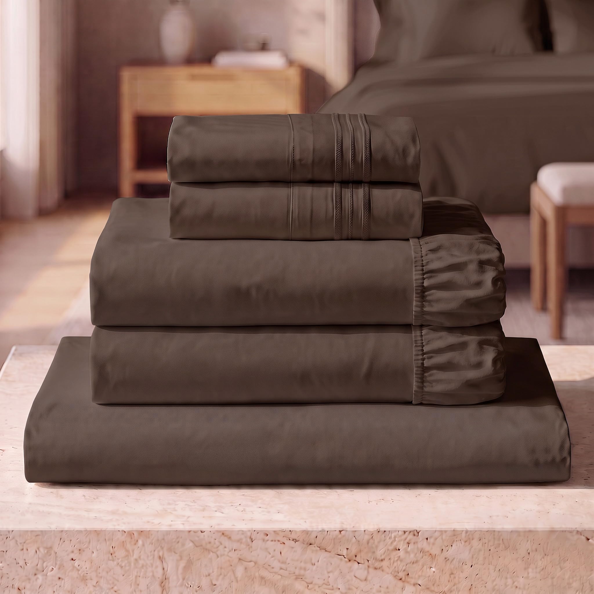 Mellanni Iconic 5-Piece Bed Sheet Set, 16" Deep Pocket (Split King, Brown)