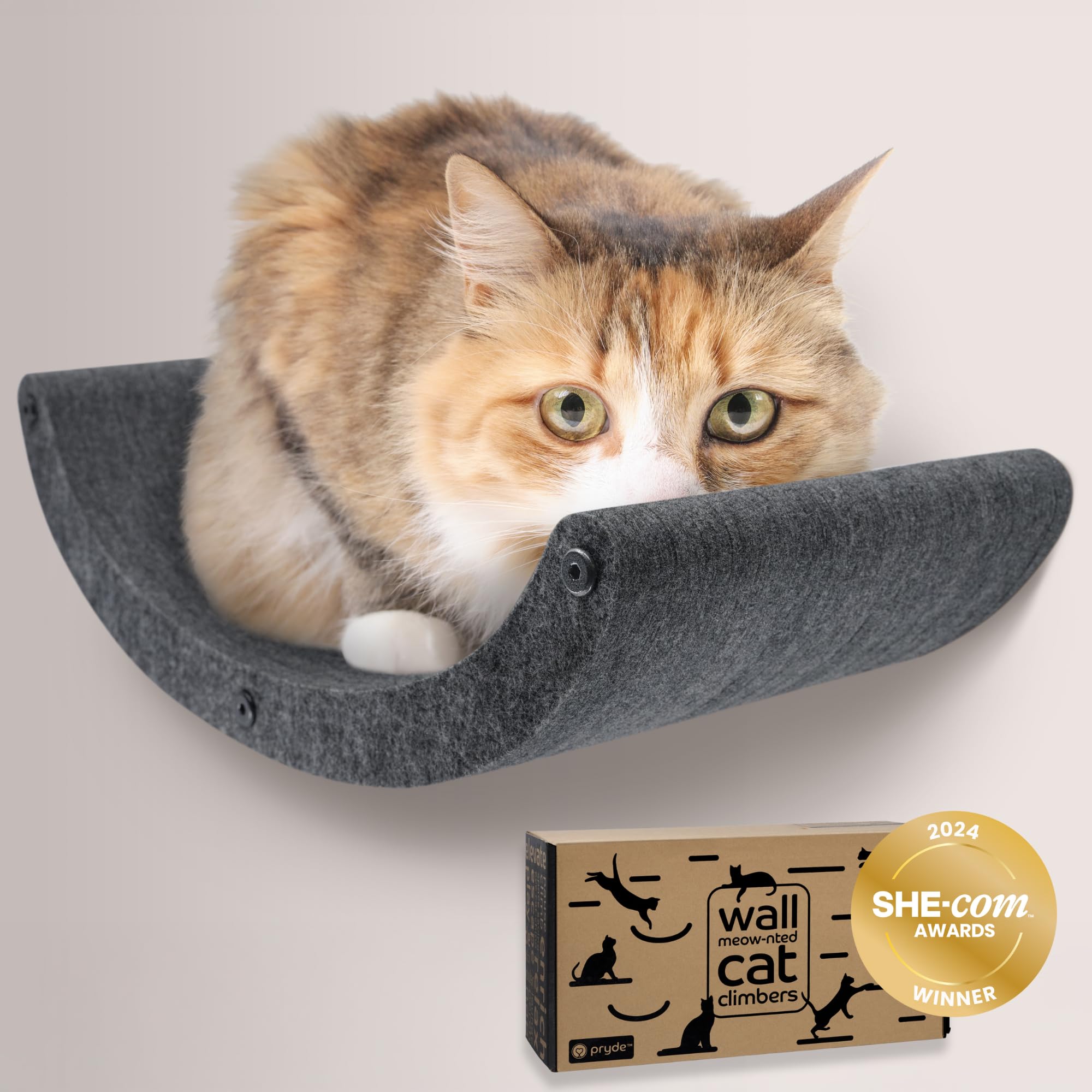 Wall Mounted Cat Hammock Bed by Pryde Pets - Floating Perch Curved Shelf, 100% Sustainable PET Felt Feline Enrichment Climber Furniture for Indoor