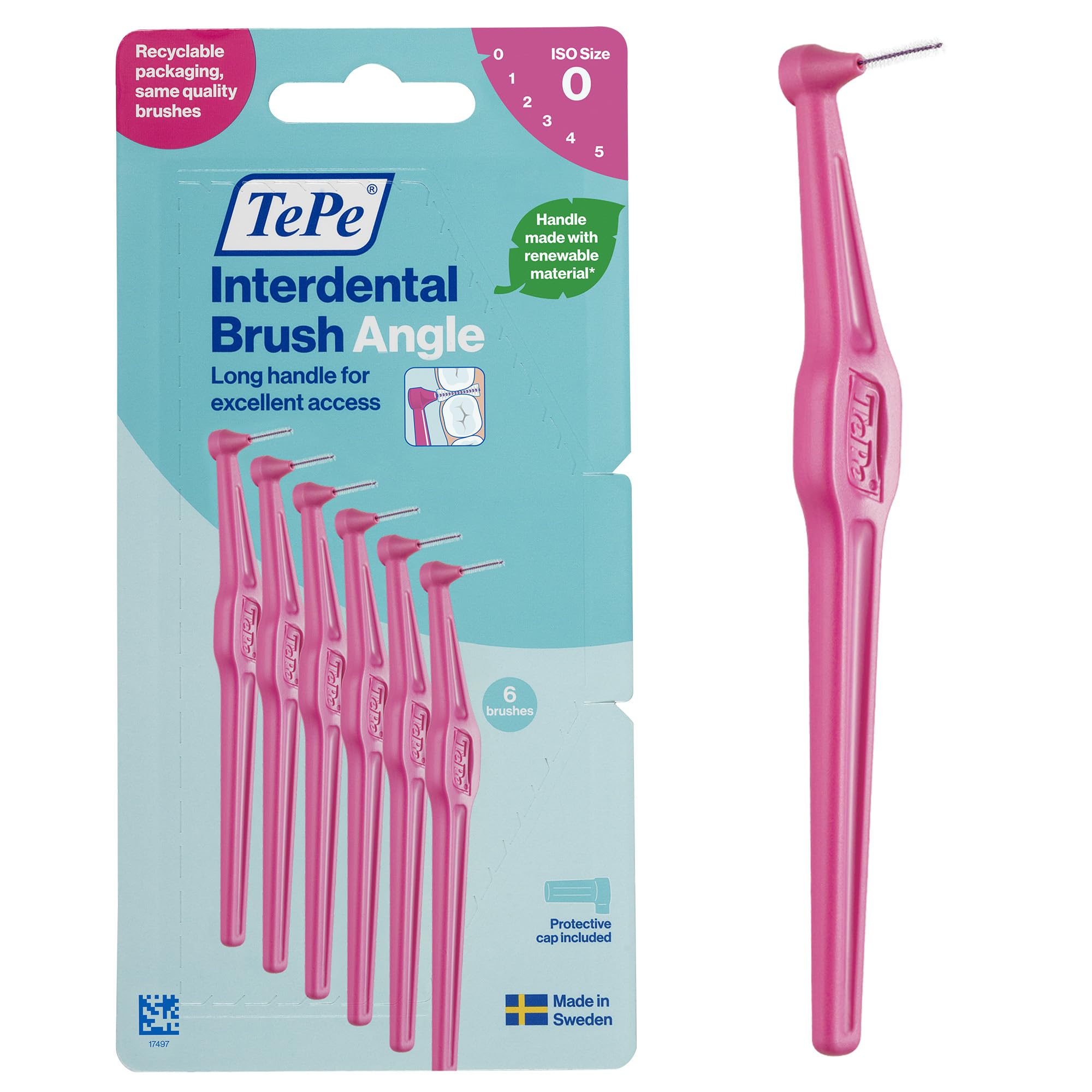 TePe Interdental Brush Angle, Pink, 0.4mm/ISO 0, 6pcs, Interspace Cleaning, Plaque Remover for Teeth with Narrow Gaps, ensures Strong Gums, Carton Pack