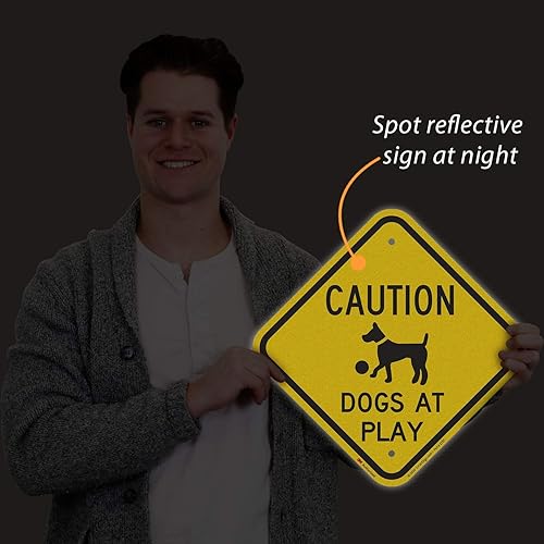 Miniatura 4 de SmartSign K-6748-EG-12x12-D1 Caution - Dogs At Play Letrero  12 x 12 3M Engineer Grade Aluminio Reflectante Negro sobre Amarillo