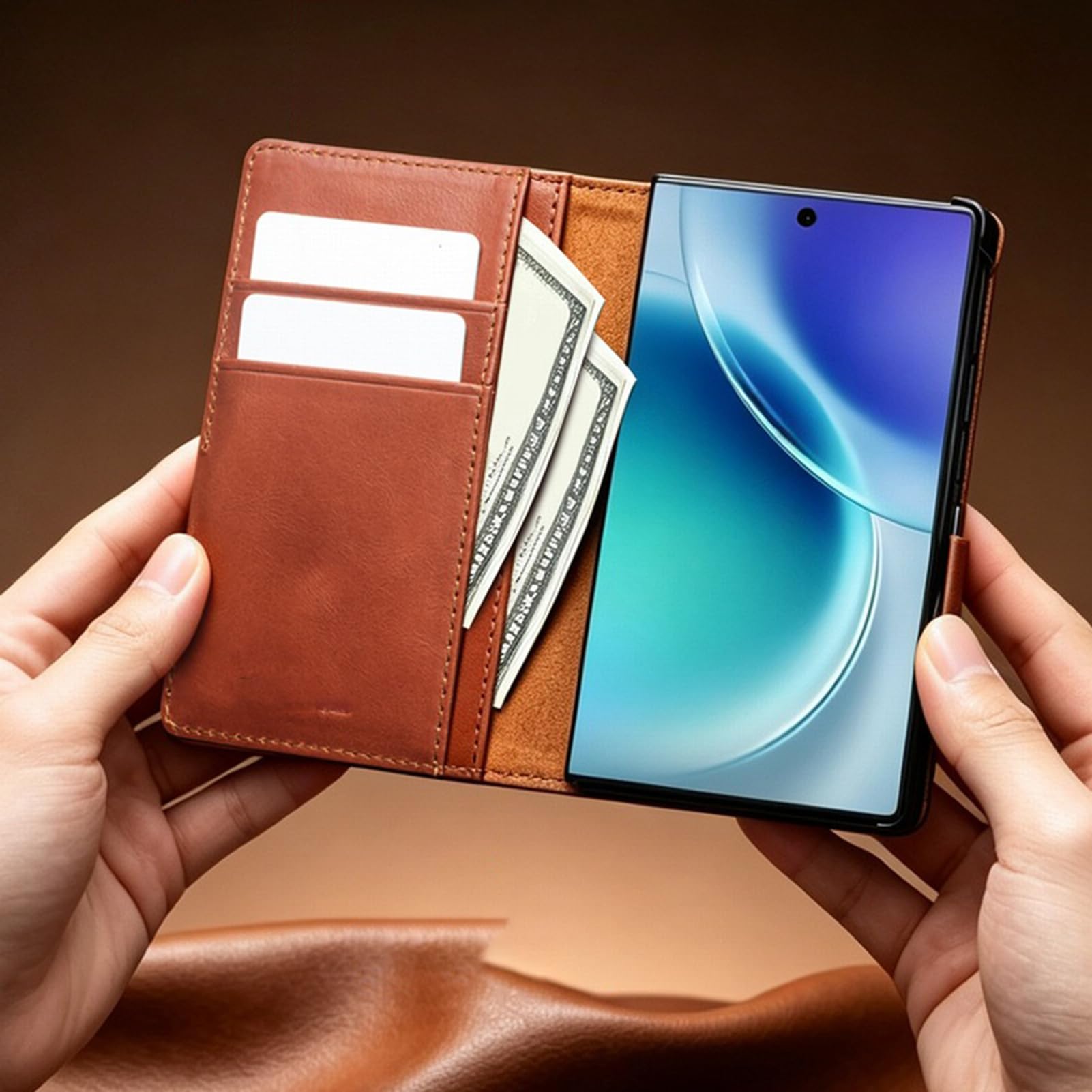Custodia a portafoglio compatibile con Samsung Galaxy Z Fold 8, texture cera olio marrone