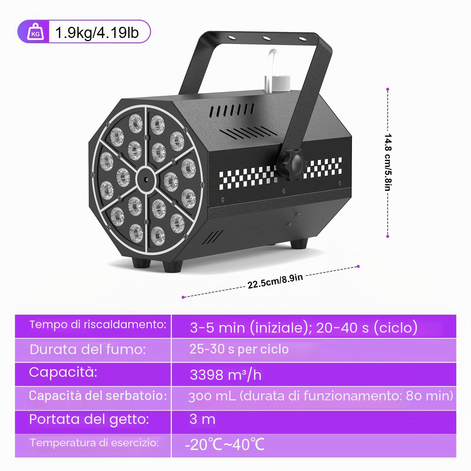 Macchina del fumo, 18 LED RGB con telecomando, LED luminosi, gradiente di colore, salto, impulso, strobo, per feste, Natale, Halloween, DJ, palchi e spazi aperti