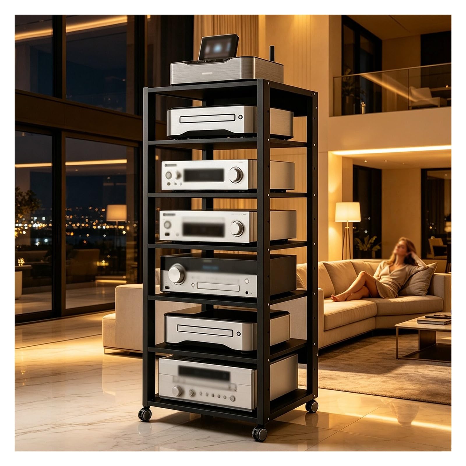 Rack Audio Mobile Con Ruote Universali,Carrello HiFi A 7 Ripiani | Supporto Multimediale AV Rack Altezza Regolabile,torre Porta DVD Multimediale Per Dispositivi Home Cinema(Nero)
