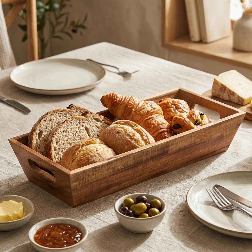 Deconox Akasya Ekmek Sepeti 33 x 15 cm - Dikdörtgen Ahşap Ekmeklik, Sunum ve Servis Sepeti, Tezgah ve Kahvaltılık Düzenleyici
