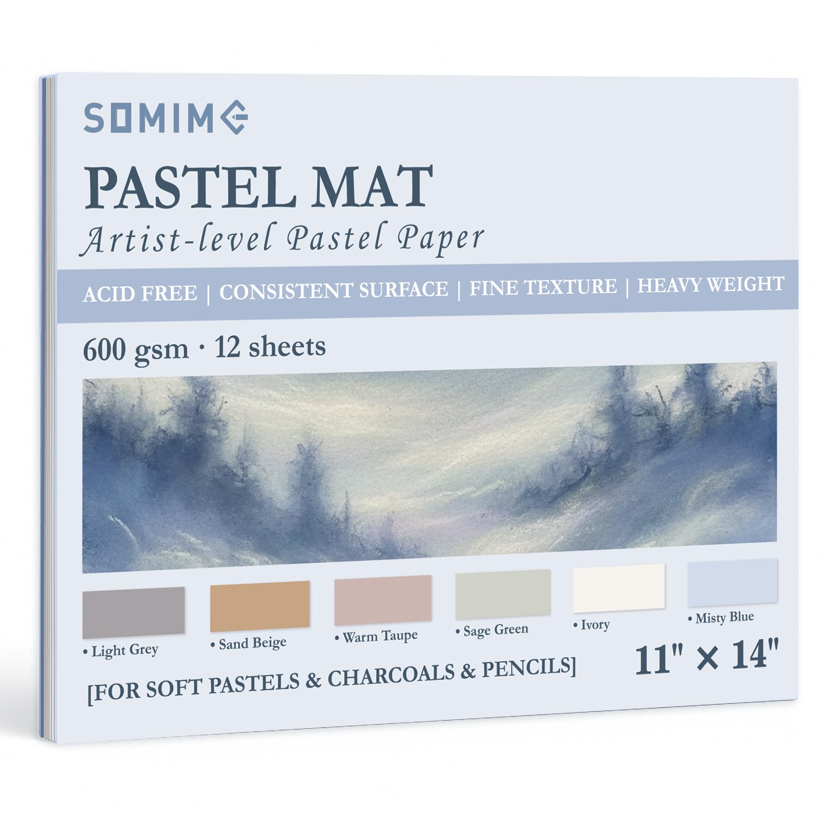 Somime 11x14 600gsm Sanded Pastel Paper Pad, 12 Sheets of 6 Light Colors | Heavyweight Ar…