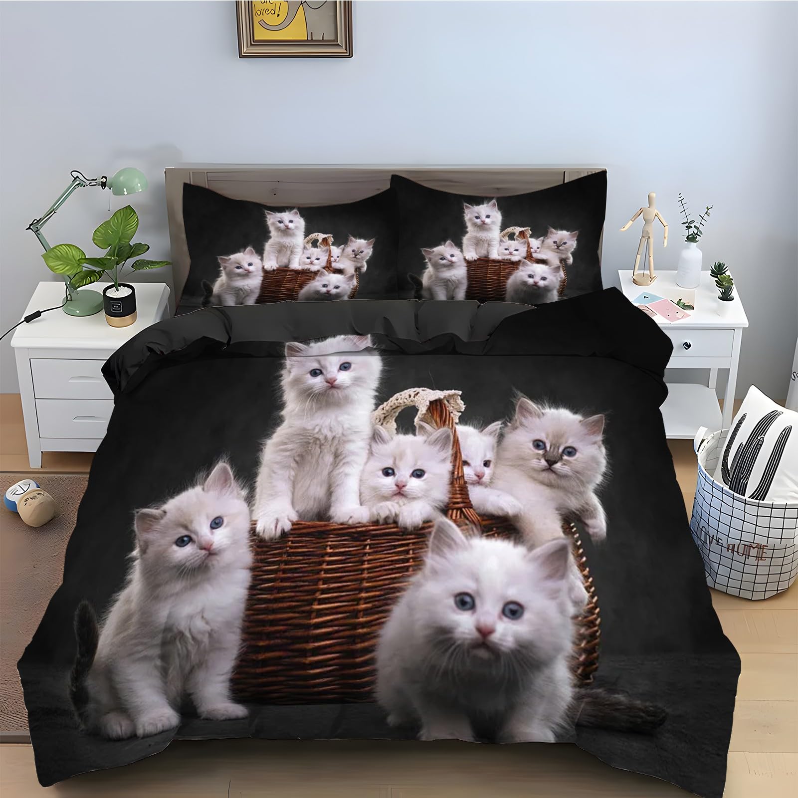 Housse de Couette 220x240 Chat Persan microfibre douce parure de lit 3 pièces imprimée animal