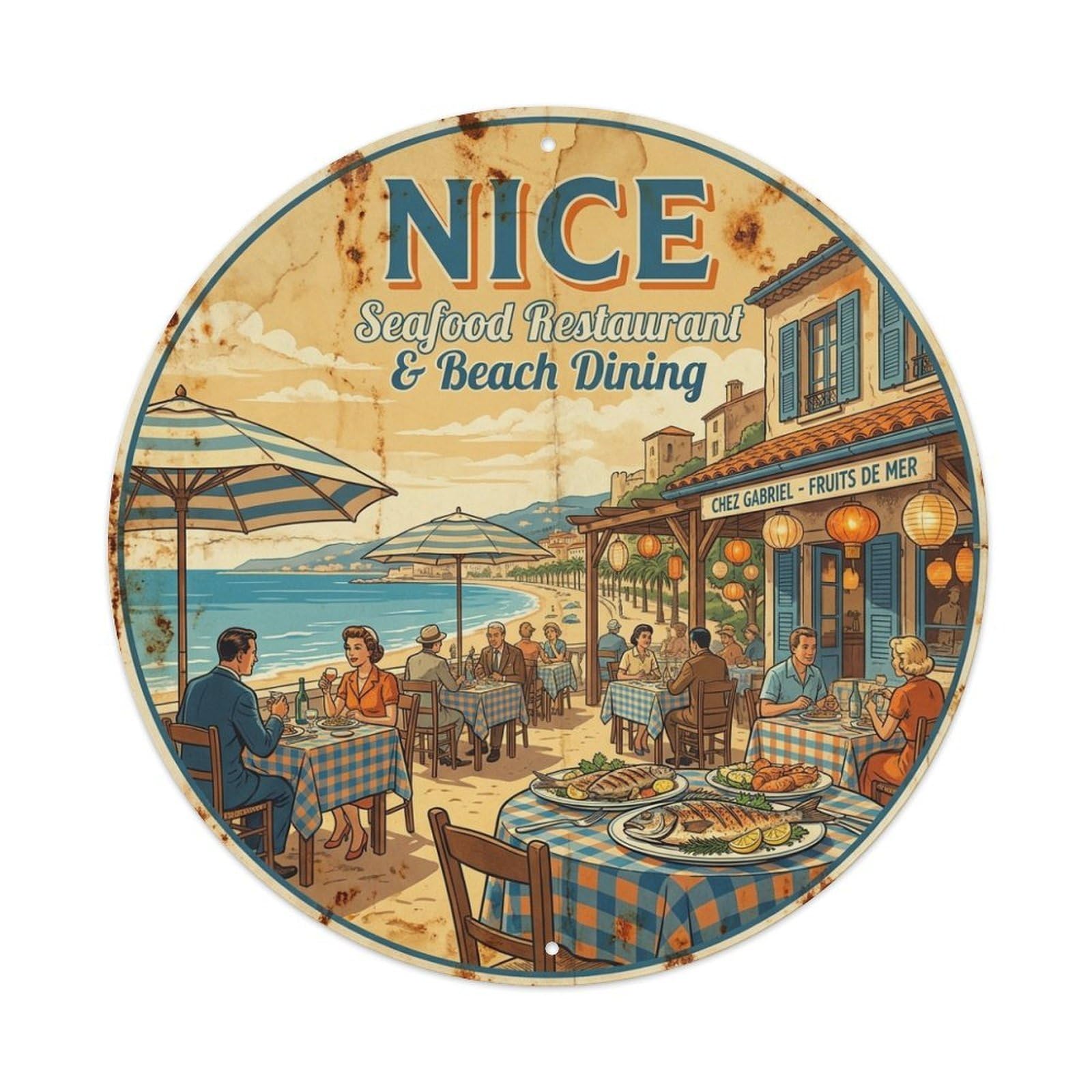 Nice Seafood Beach Dining Route Travel Retro Cuisine Metal Tin Sign
