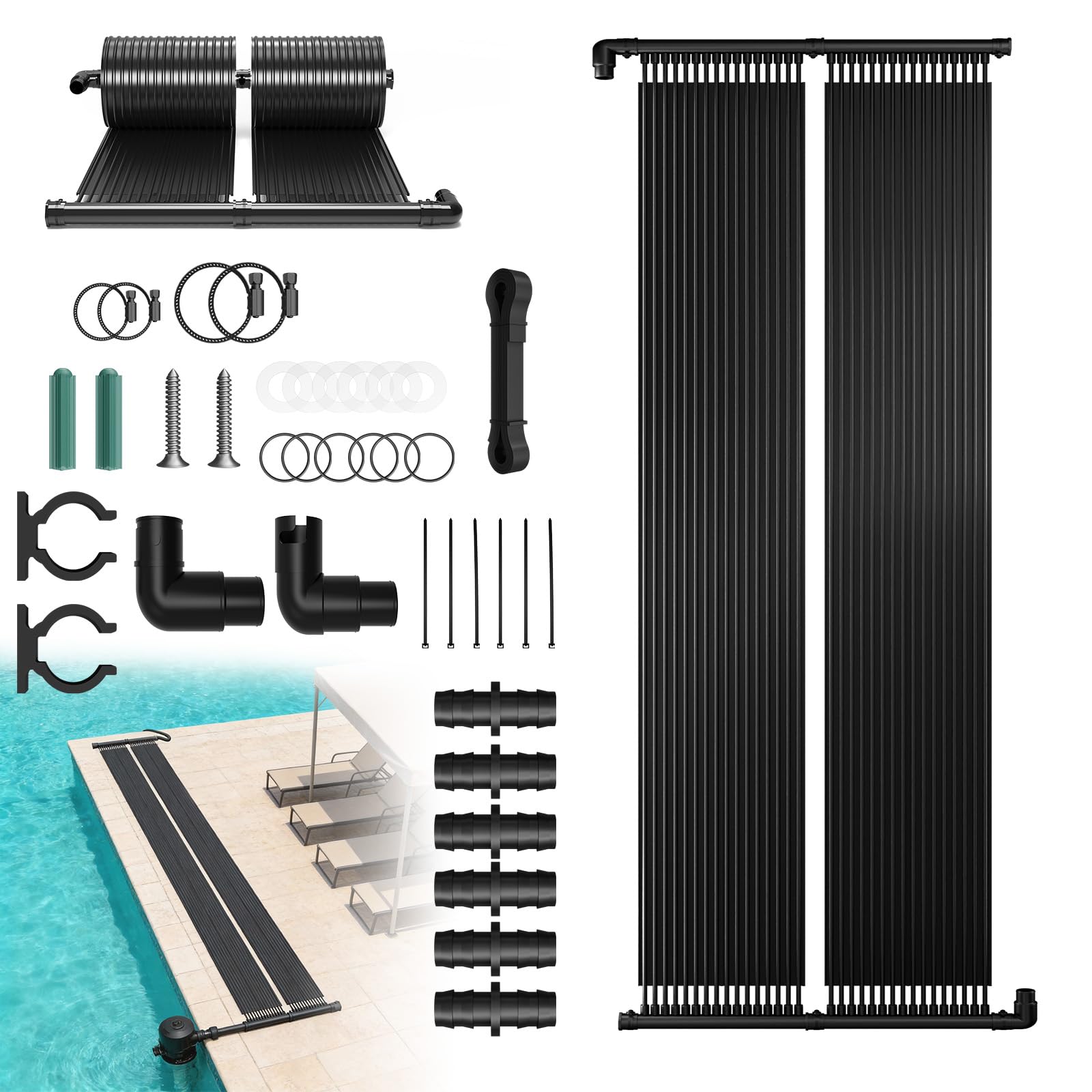 LZQ Solar Poolheizung, EPDM Solarmatte mit 32 Kanälen, modular erweiterbarer Solarkollektor mit 32/38 mm Universalanschluss