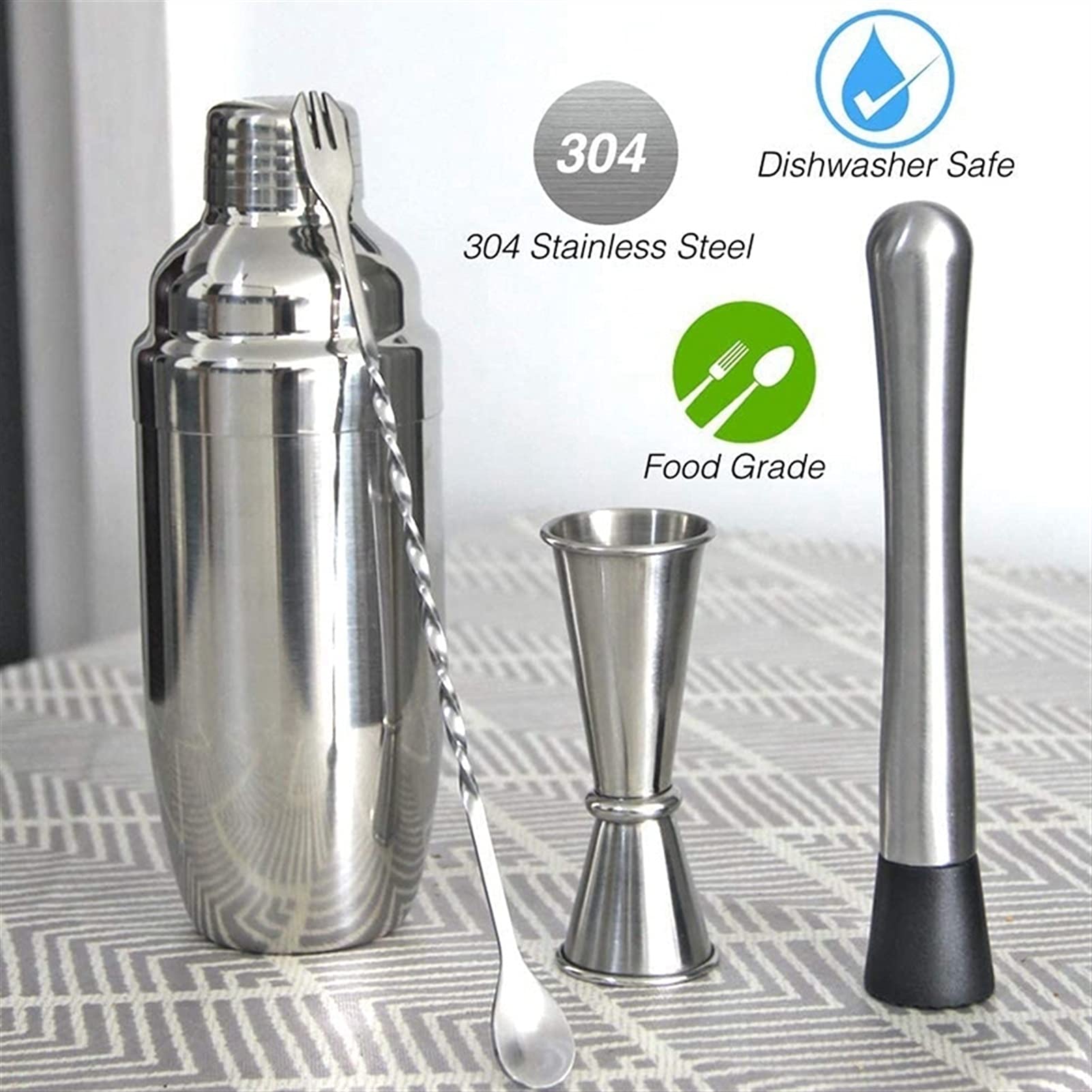 SePkus Coctelera Coctelera Juego de coctelera Kit de coctelería de Acero Inoxidable Mezclador con colador Incorporado Herramientas de Barra Profesionales camareros Principiantes (Plata)