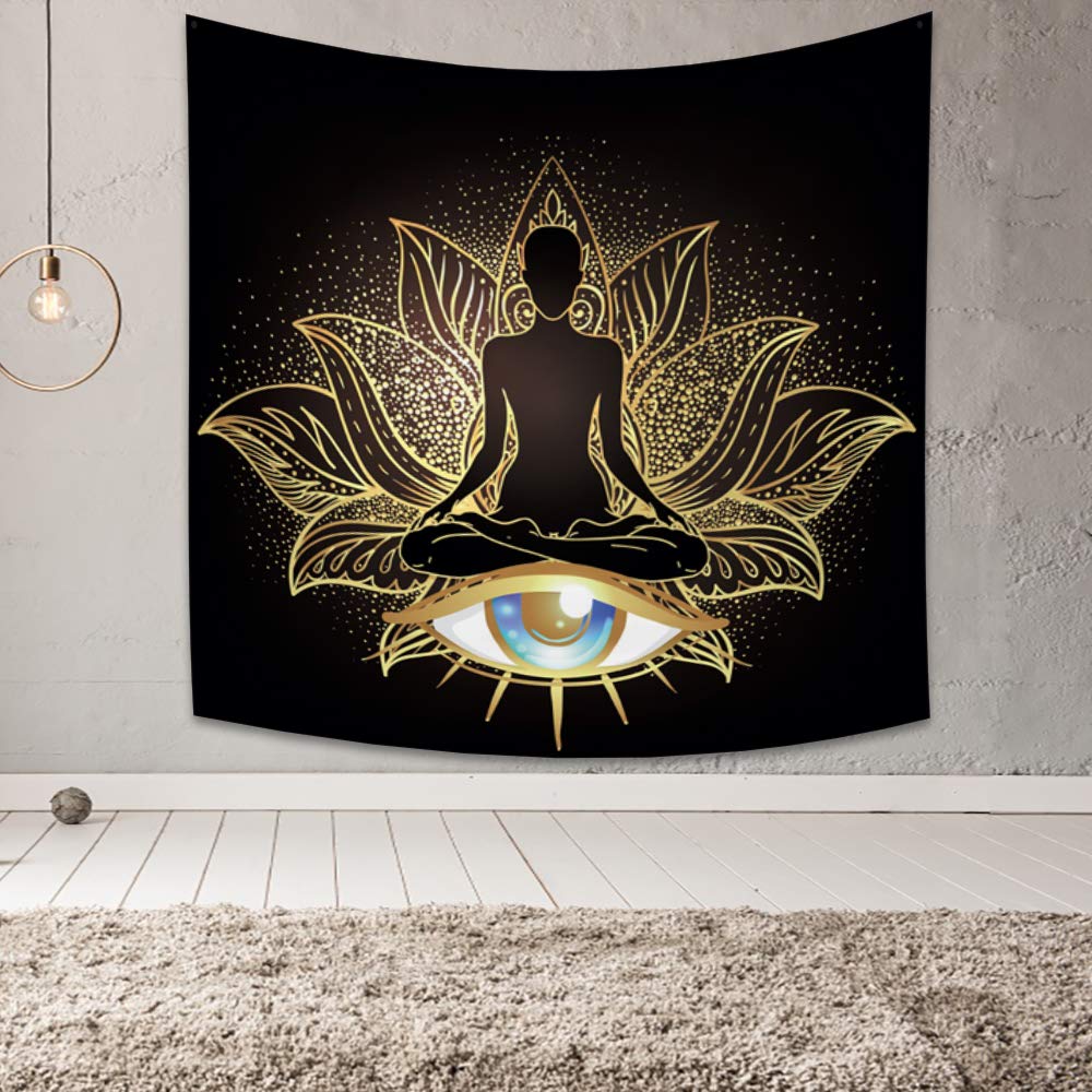 Small Yoga Meditation Tapestry Aesthetic Black and Gold Lotus Tapestry Wall Hanging Psychedelic Third Eye Iris Indian Boho Mysterious Tapestry Wall Art for Bedroom Living Room Dorm Decor, 29.5"x29.5"