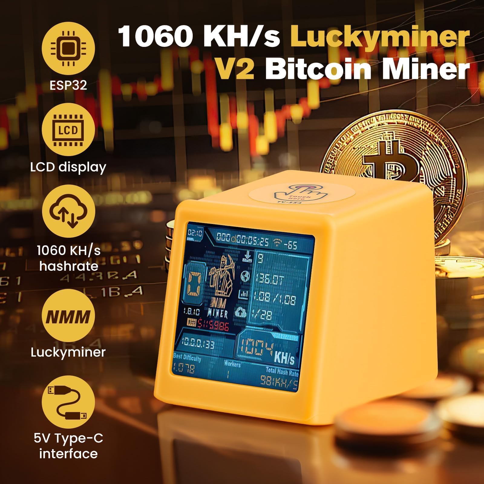 Luckyminer V2 Bitcoin Miner - 1060 KH/s Solo Lottery Miner Mit ESP32-WROOM-32, 1,54-Zoll-Display & Hash-Rate-Rechner - Plug & Play USB Miner Für Zuhause, Büro & Als Tischuhr (Kompatibel Mit V2)