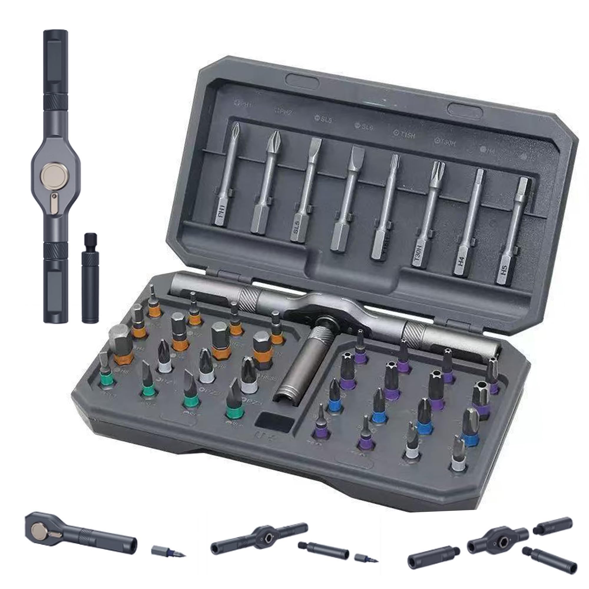 Precision Magnetic Ratchet Screwdriver Set: 42-in-1 Portable Ratchet Set DIY Steel Ratcheting Screwdrivers with 40 Bits and Detachable Handle for Furniture Electrical Appliance Repair (Grey)