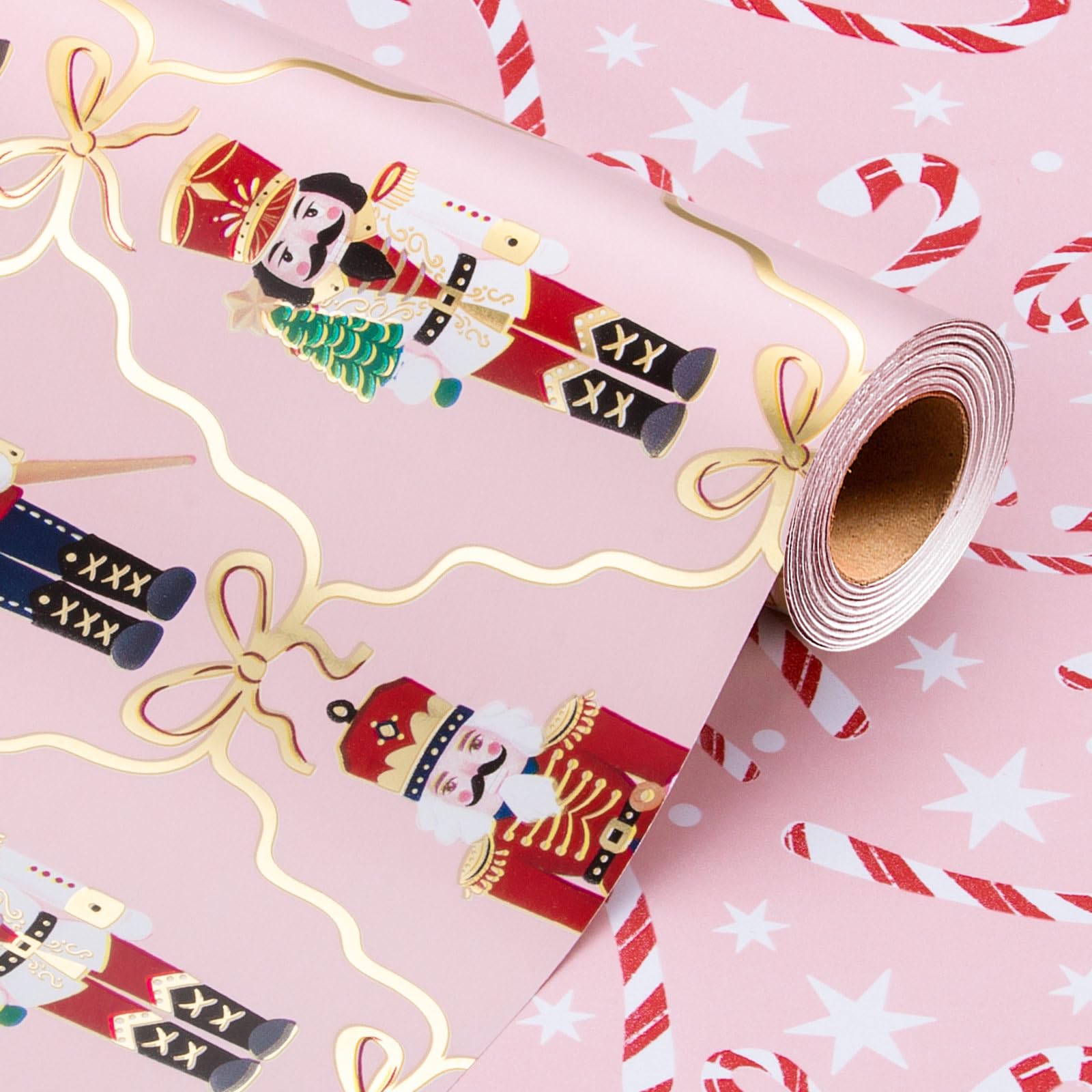 Wikadlik Reversible Christmas Wrapping Paper - 43cm x 10m Nutcracker Holding Christmas Tree Pink Candy Cane Design Gift Wrap Paper — image 1