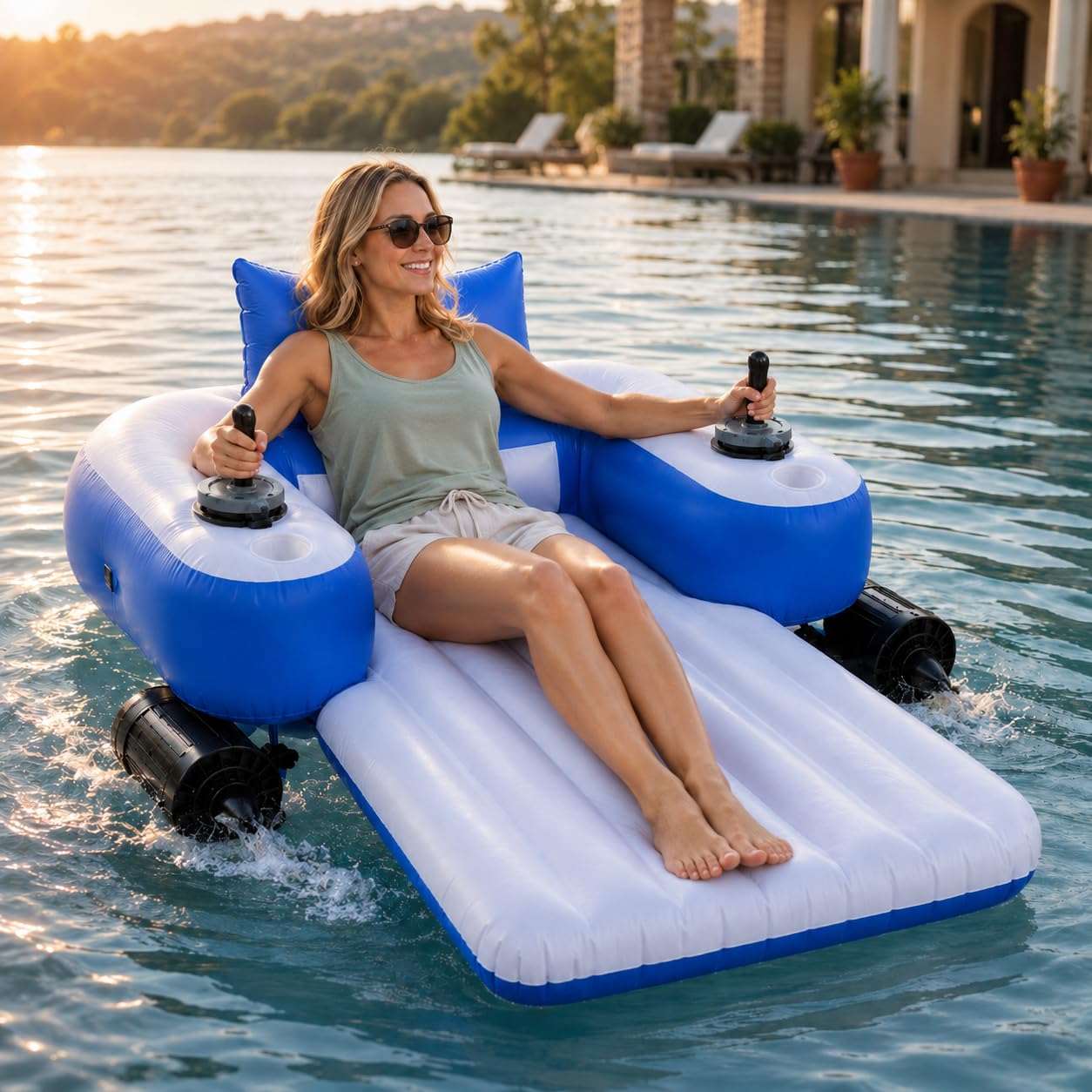Flotador motorizado para piscina, salón de agua eléctrico recargable con control de palanca de mando de 360°, opciones de motor dual, respaldo, portavasos, soporta 330 libras para lago o piscina
