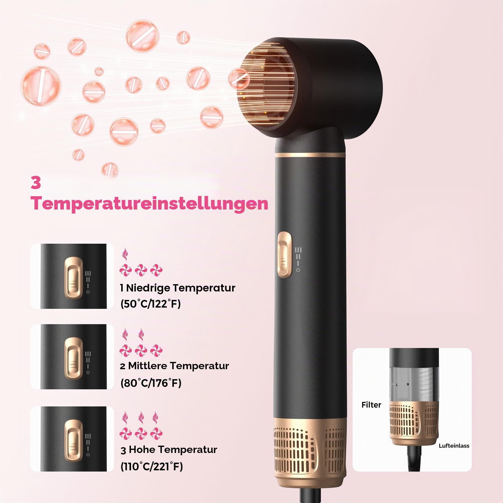 Atopskins 5 in 1 Hairstyler mit Lockenstab mit Luft Links/Rechts, 1000W Airstyler Hair Styler Set mit Föhn für Locken, Rundbürstenföhn, Haarstyler, Warmluftbürste, Airbrush, Glättbürste, Schwarz-gold