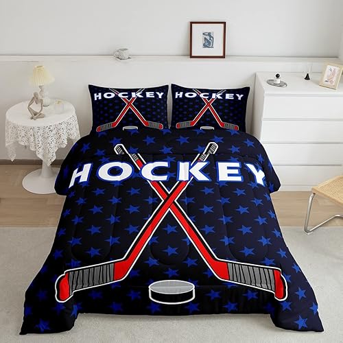Miniatura 1 de Feelyou Juego de edredón de hockey sobre hielo, edredón de hockey con estrellas azules para niños y niñas, juego de ropa de cama transpirable, juego