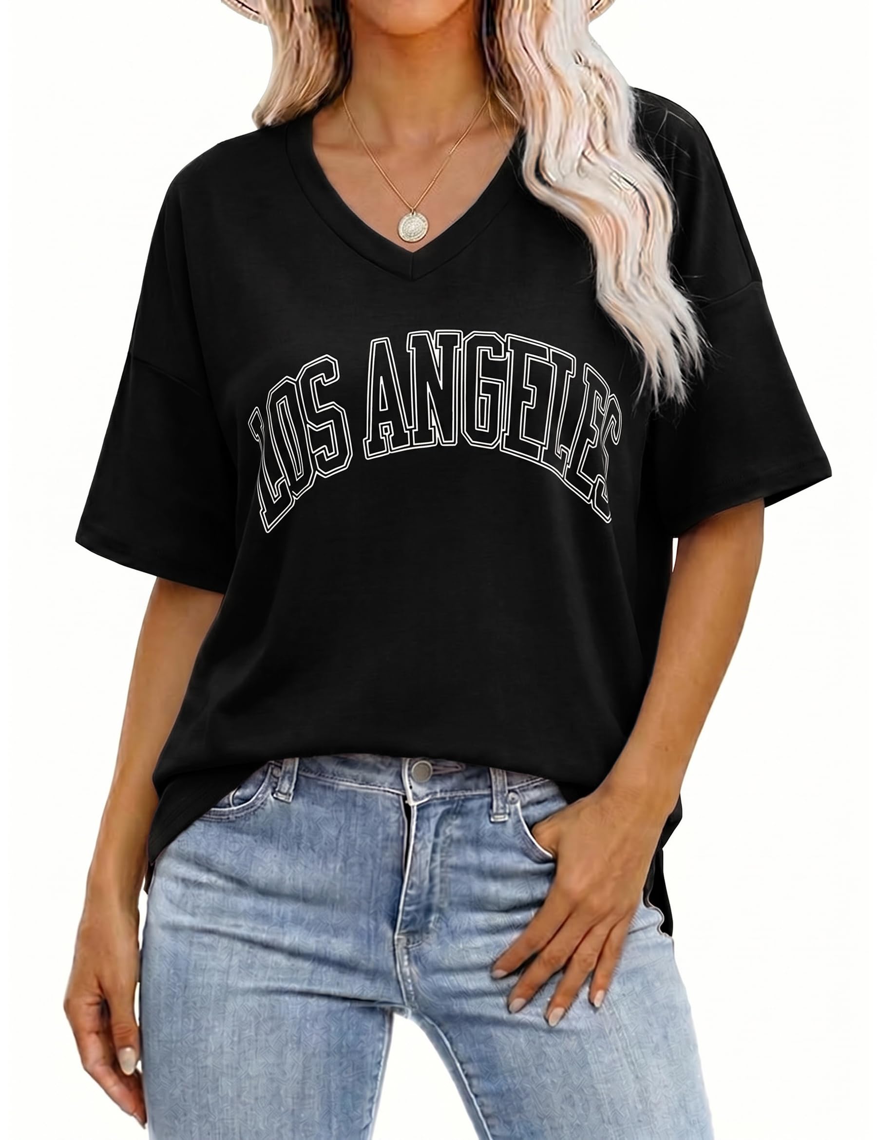 Demegimi Damen T-Shirt Sommer Oversize V-Ausschnitt Oberteil Kurzarm Weich Atmungsaktiv Casual Basic Shirt für Damen S-XXL