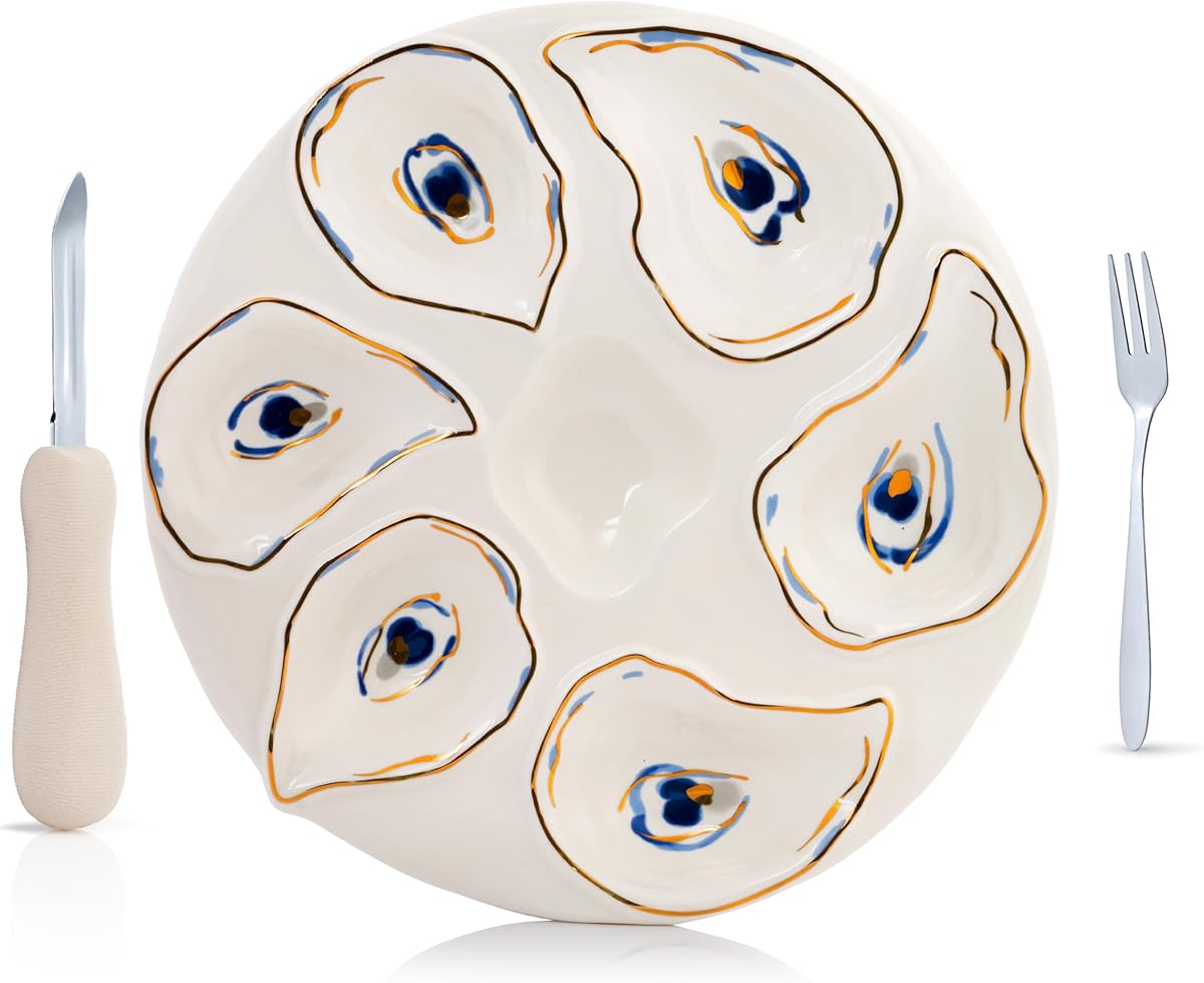 Oyster Serving Platter Set – Oyster Plate with Shucking Knife & Fork