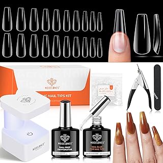 modelones Kit Pose Americaine Ongles, 500 Capsule Americaine Ongle Ballerine, Mini Lampe Uv und Colle Faux Ongles 4 in 1 und Primer Gel, Kit Faux Ongles Long, Kit Manucure Cadeau de Saint Valentin