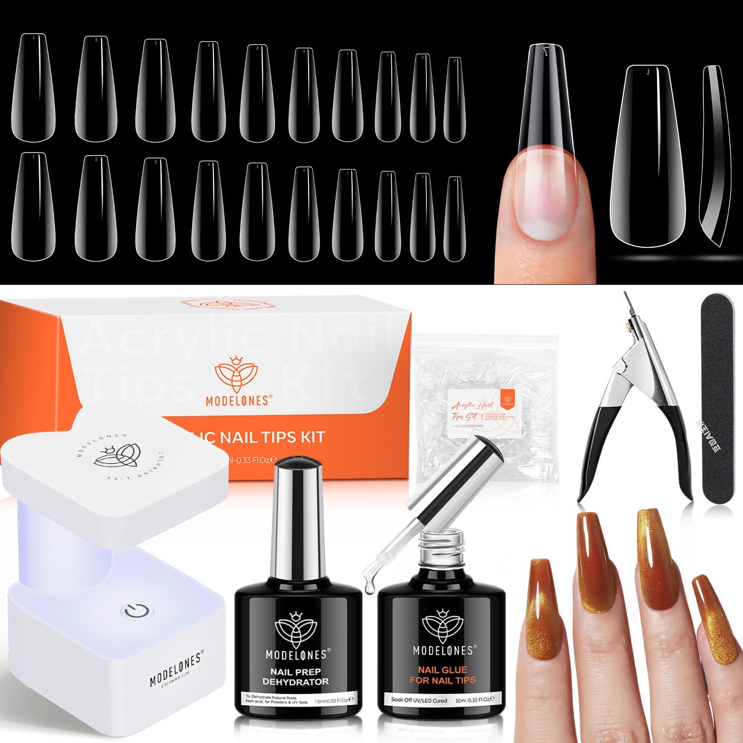 Modelones Zestaw Sztucznych Paznokci i Kleju, Kompletny Zestaw do Paznokci żelowych Uv, 500 Kapsułek Nail,Lampa do Paznokci i Klej Faux Nails 4 w 1, Zestaw do Budowy Manicure