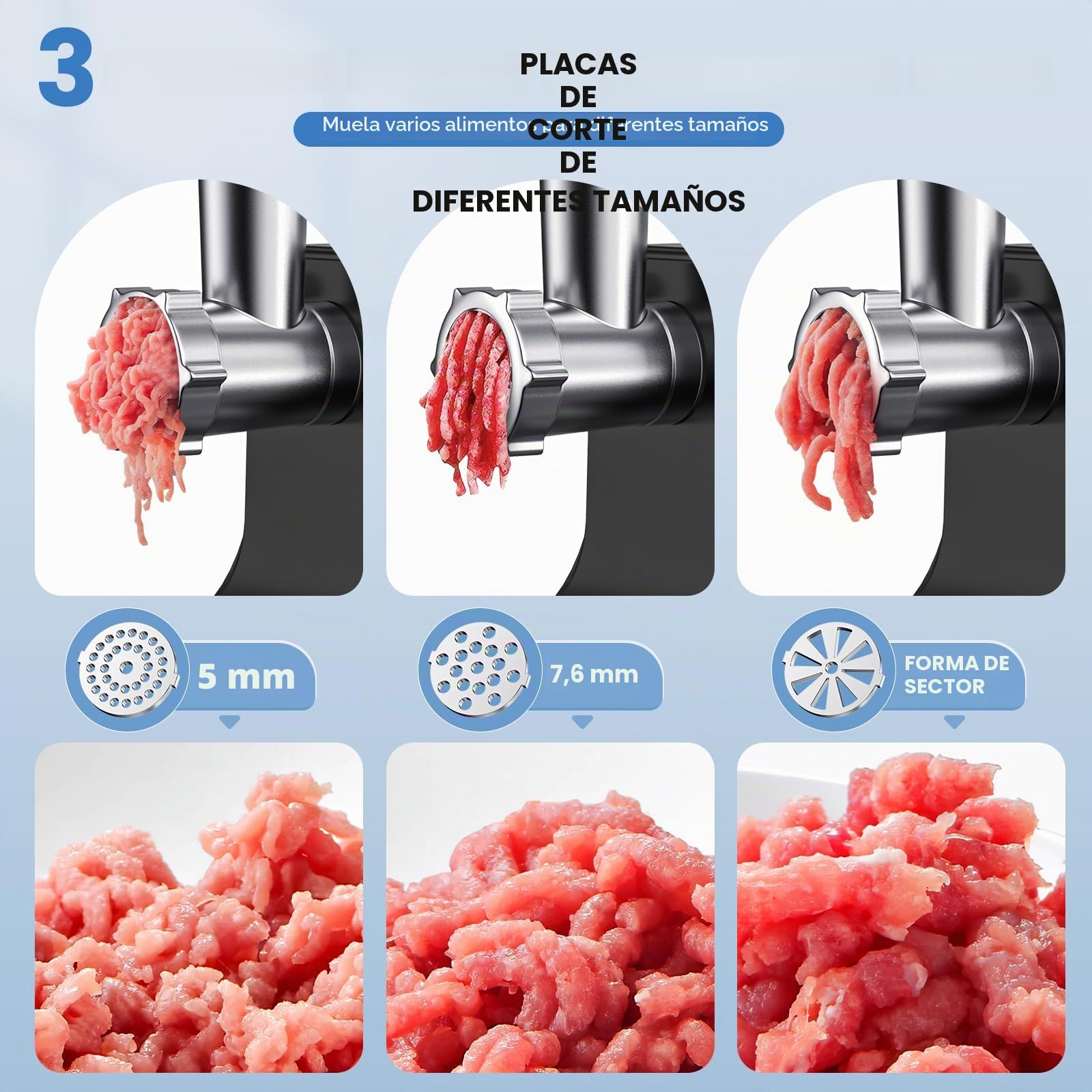 Picadora de carne eléctrica de 2800 W con 3 cuchillas, 3 placas de picado, inversión automática y 3 ajustes de tamaño, para picar carne, hacer salchichas y kibbe, para uso doméstico