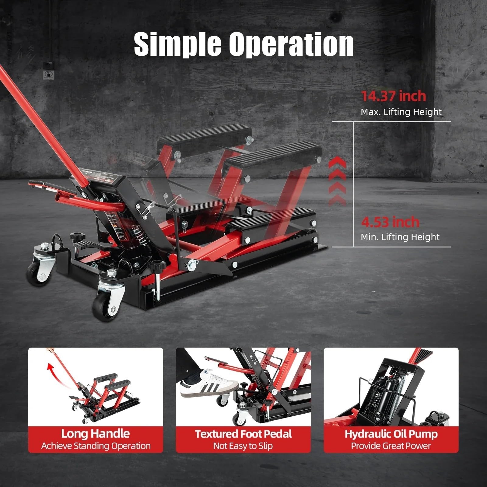 Podstawka pod motocykl hydrauliczny o udźwigu 680 kg, wytrzymała platforma podnosząca ze stojakiem montażowym do garażu, do konserwacji na zewnątrz, s,