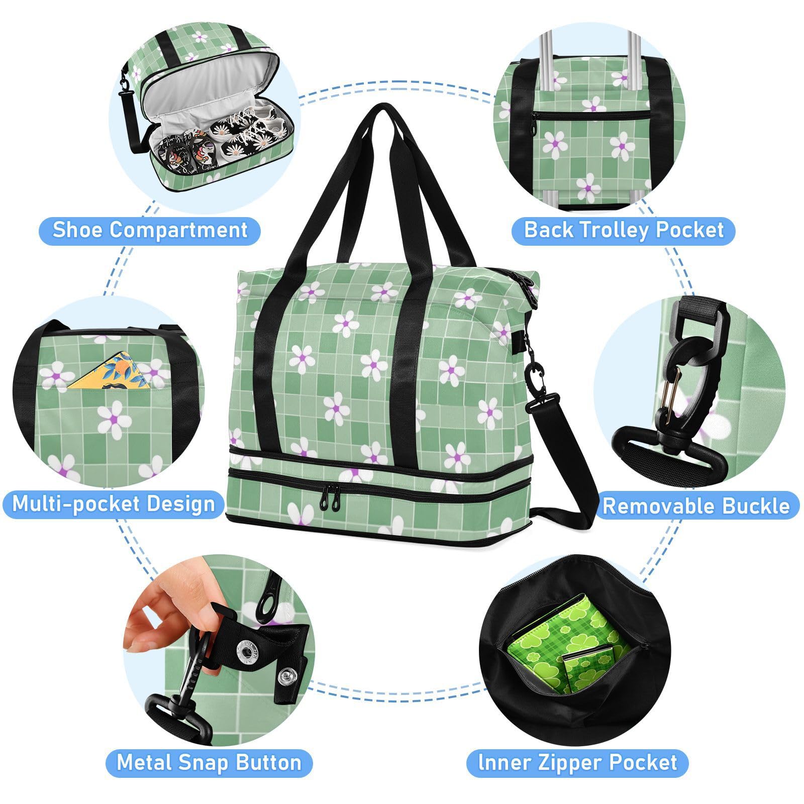 Buffalo Plaid Kariert Blume Grün Große Reisetasche mit Nassfach Verstellbarer Riemen Gym Tote Bag für Yoga Faltbar für Männer Frauen