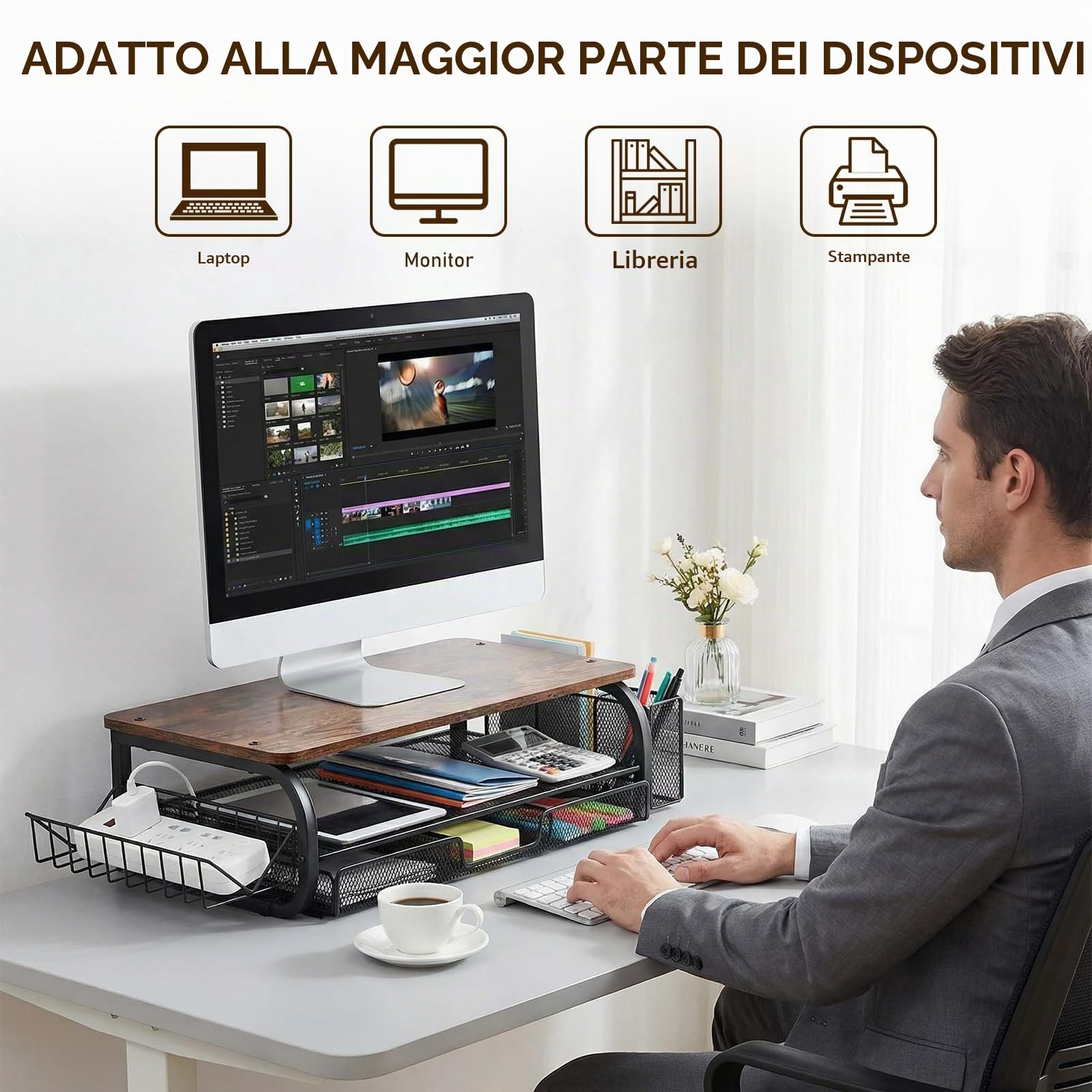 Supporto per Monitor da Scrivania, Supporto per Monitor con Cassetto, Rialzo per Schermo PC, Mensola da Scrivania Supportos, Organizzatore di Archiviazione Desktop per Casa o Ufficio
