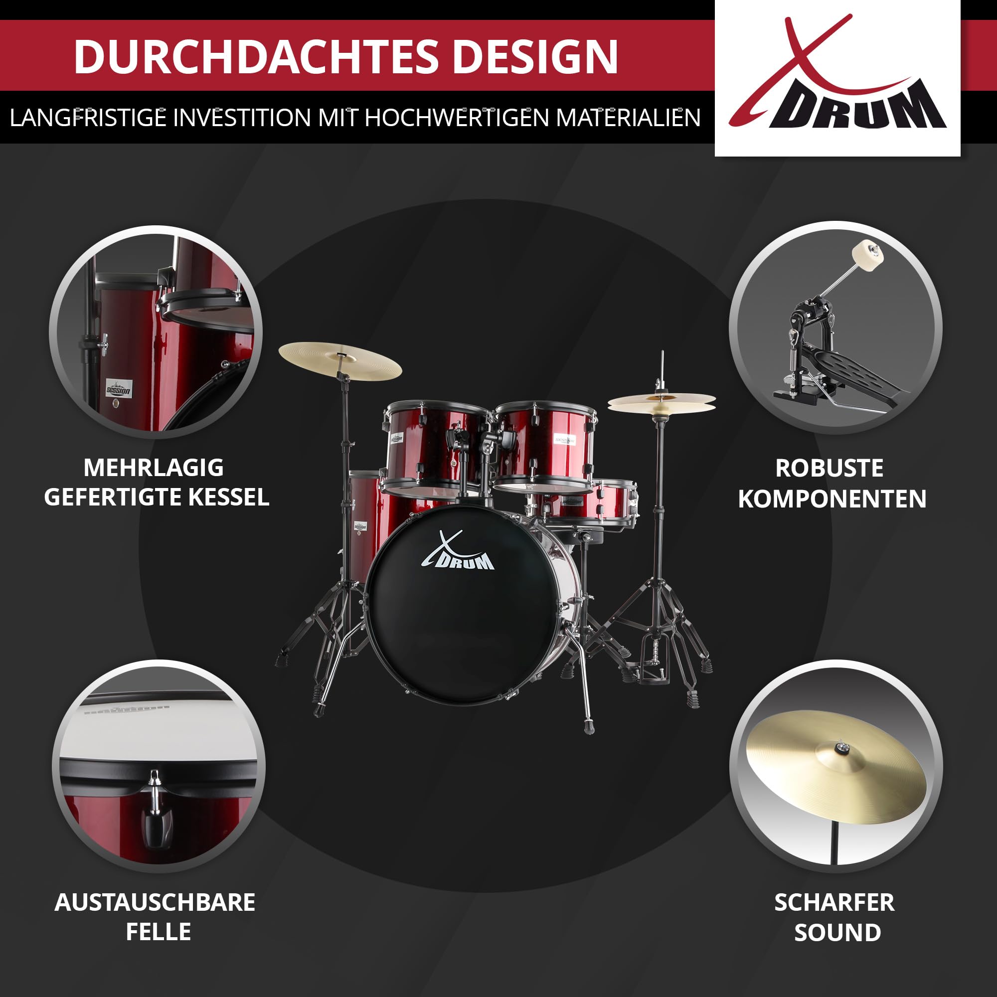 XDrum Rookie 22'' Fusion Batterie Ruby Red plus Set de Sourdines