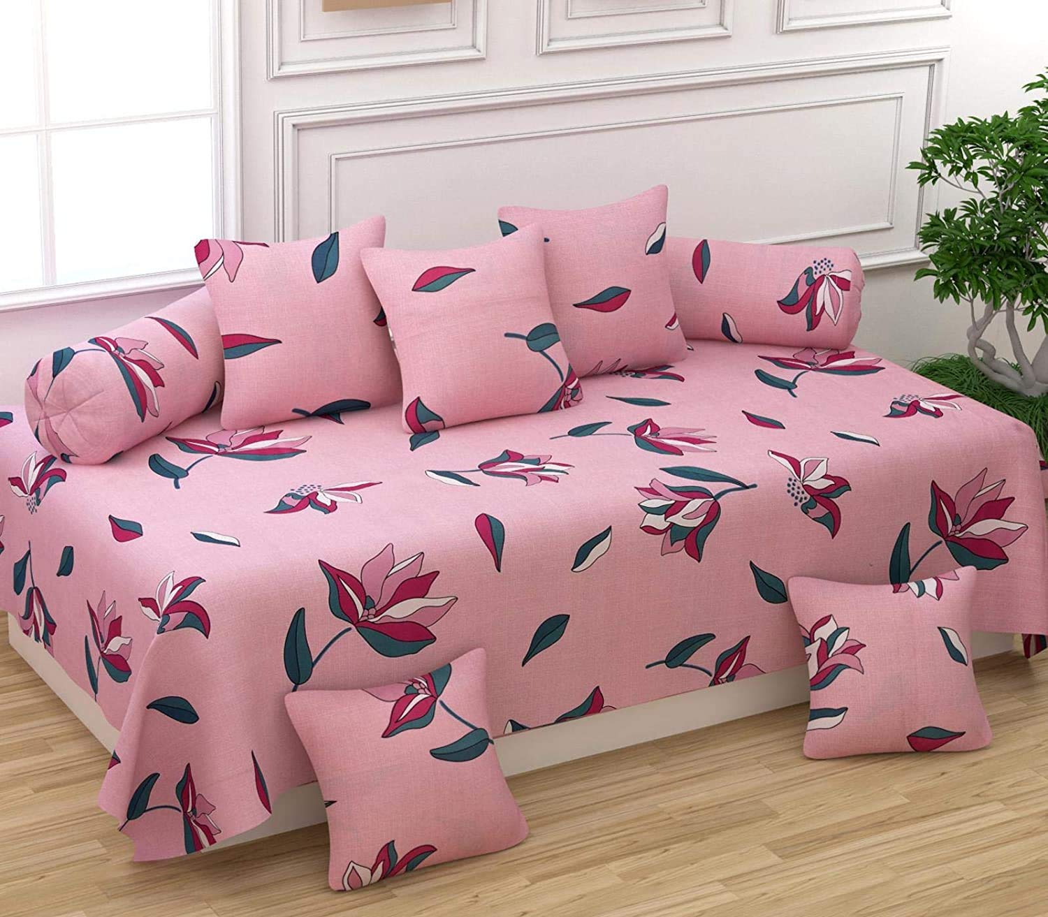 Castiqa Microfibre Unique Patterns Diwan Set Covers 8 Pcs Set of 1 Bedsheet 2 Bolsters and 5 Cushion Covers (Pink Flower)-image-24