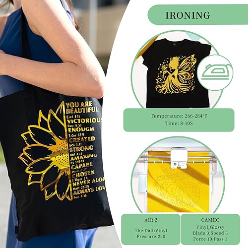 Miniatura 4 de GIRAFVINYL Rollo de vinilo dorado metálico de transferencia de calor dorado HTV dorado  12 pulgadas x 8 pies, vinilo dorado para planchar en