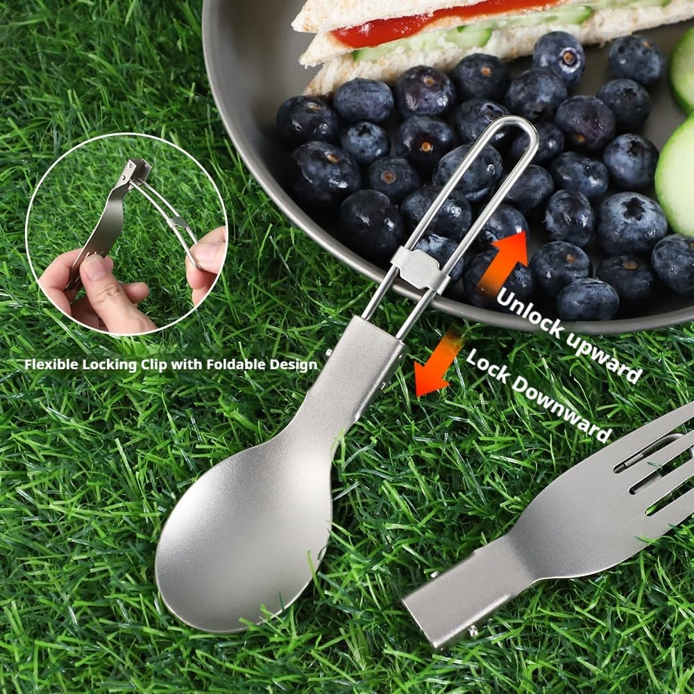 Besteck Set Faltbar Tragbar Aus Reinem Titan 4 Sets | Picknickbesteck für unterwegs Messer Gabel und Löffel