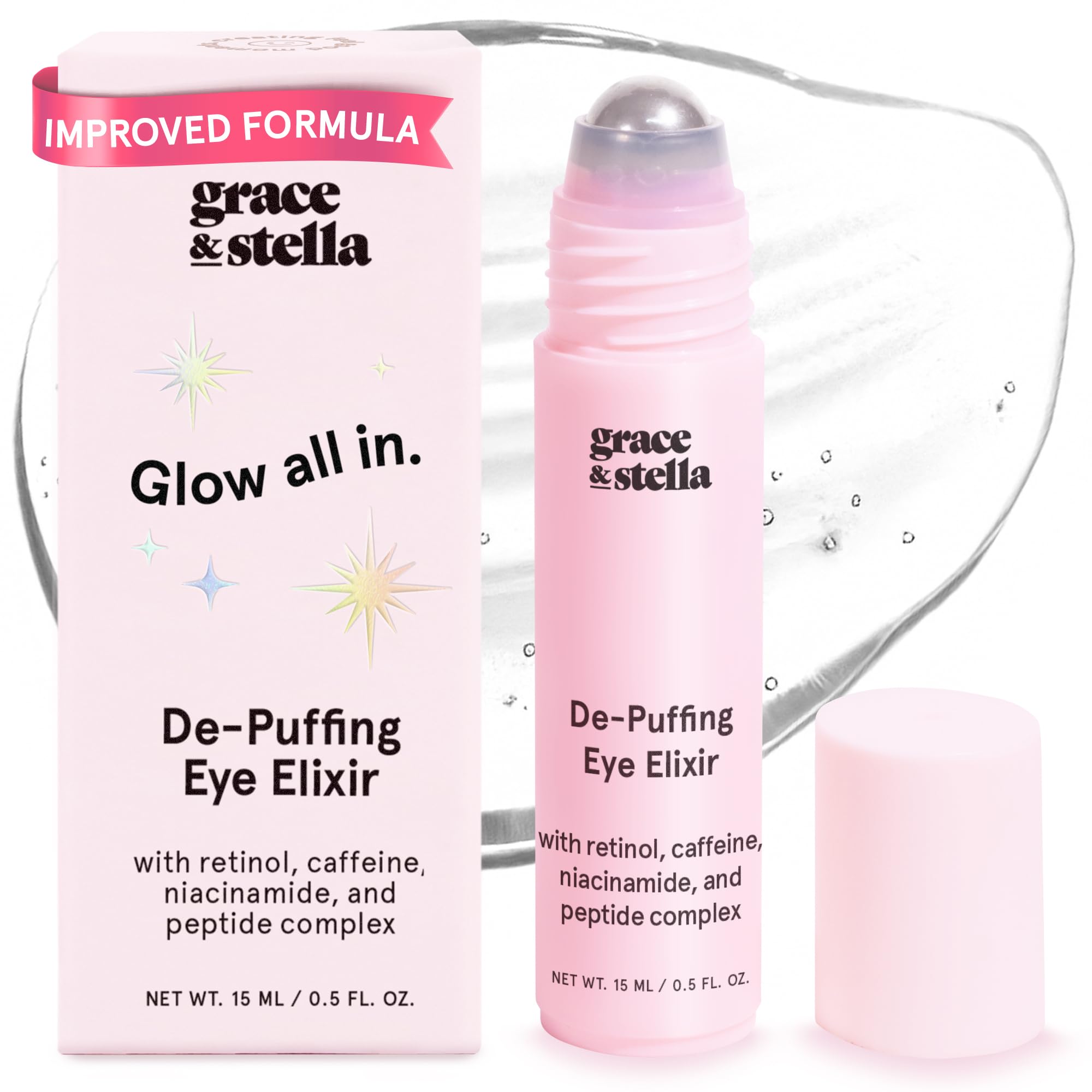 grace & stella Under Eye Brightener Roller - Airplane Travel Essentials - Travel Size Toiletries - Retinol & Caffeine Eye Serum for Puffiness, Dark Circles, Wrinkles - Vegan Skincare (15ml / 0.51floz)