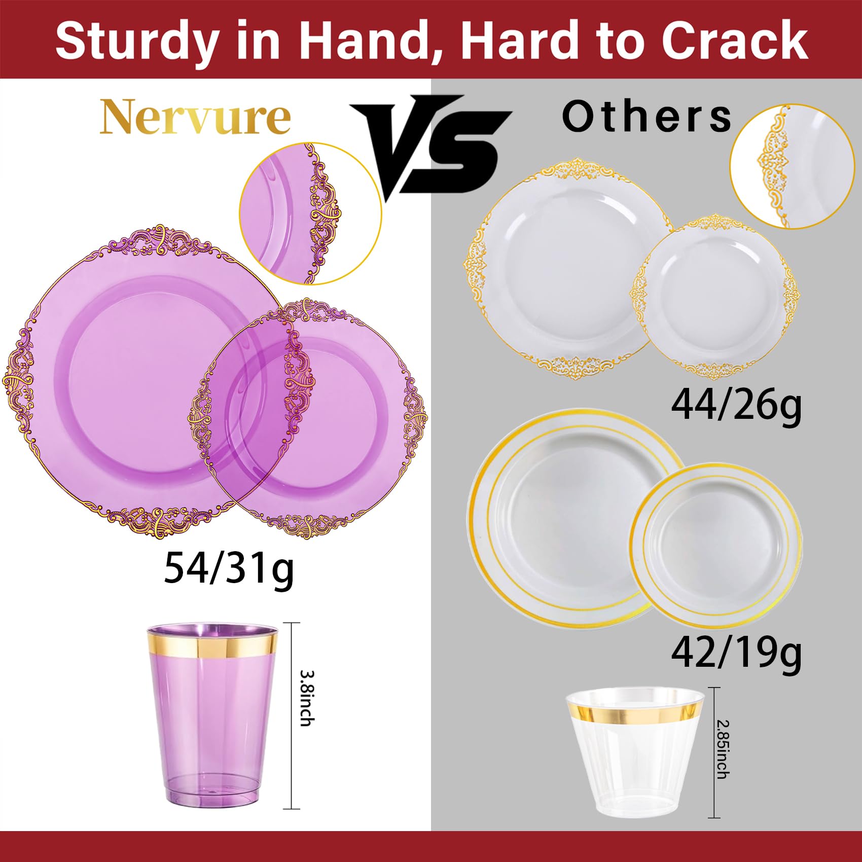 Nervure 175PCS Clear Purple Plastic Plates - Purple Party Plates Set for 25 Guests Include 25Dinner Plate, 25Dessert Plate, 25Cups, 75 Cutlery, 25Napkins Perfect for Wedding & Party