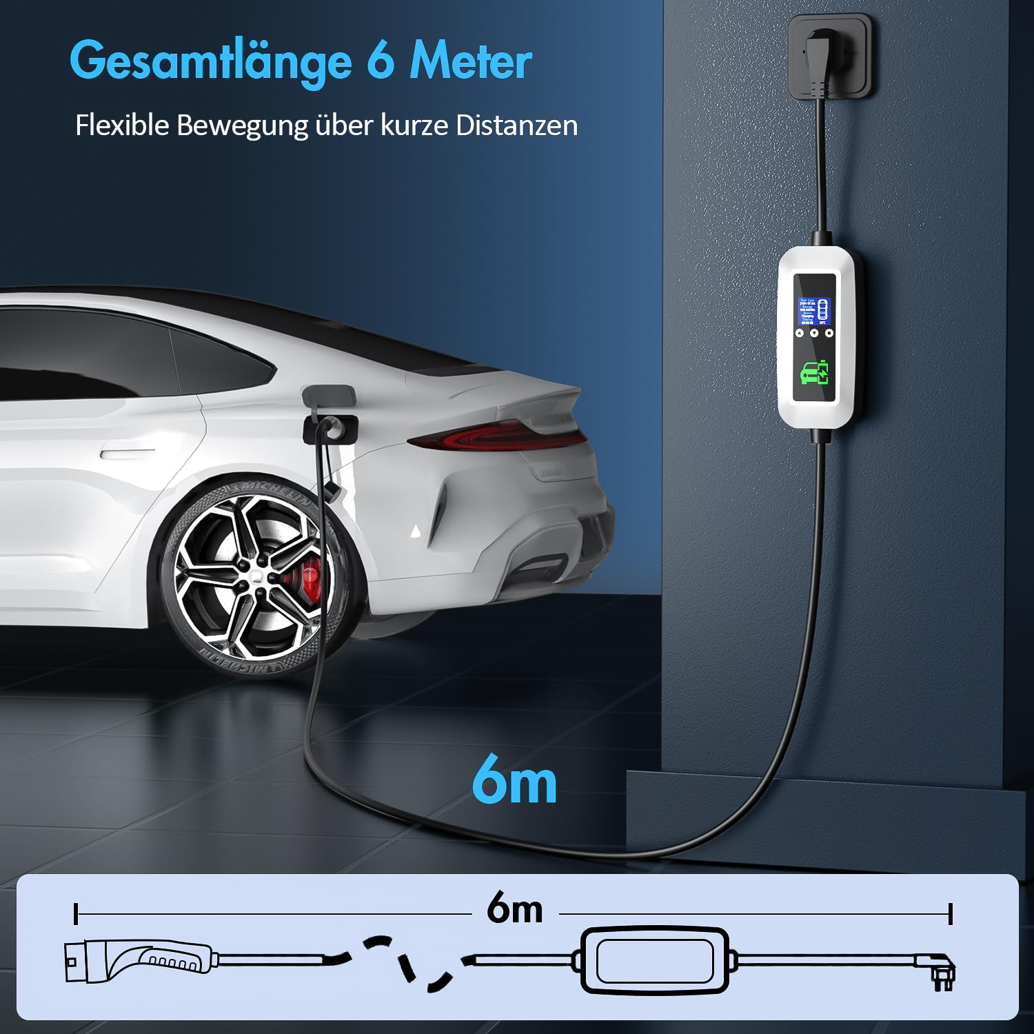 EV Ladekabel Typ 2 3.68kW, [6m, 16A, 1-Phasig],Ladekabel elektroauto typ 2 mit Steuerbarer Digitalanzeige und 0-12h Zeitverzögerung,Tragetasche und EV-Ladegeräthalterung für Allen PHEV und EV
