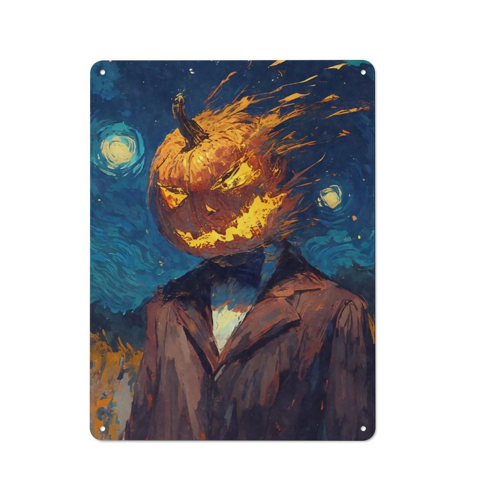 Retro Pumpkin Head Man Starry Night Metal Wall Plaque 40x30cm, Nostalgic Wall Art for Living Room, Hallway, Kitchen Or Cafe