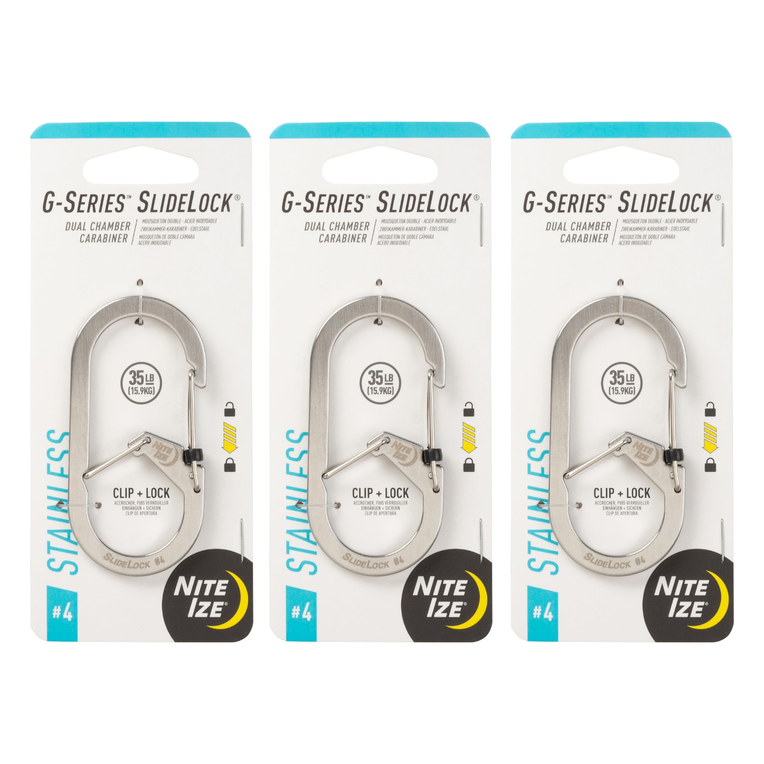 Nite Ize G-Series SlideLock Dual Chamber Carabiner - Key Holder & Organizer with SlideLock - Heavy-Duty Carabiner Clip for Car Keys, Keychain Accessories & More - Size 4, Stainless Steel (3 Pack)
