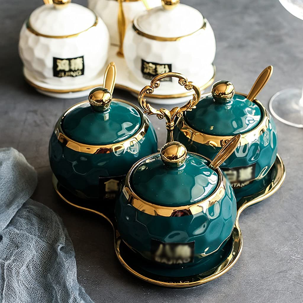 TBLOTYD Spice Bottles Spice Jars Ceramic Sugar Bowls Condiment Pots Spice Jars Seasoning Box Set with Lid Spoon and Tray-Sets of 4 Seasoning Jars,White-B