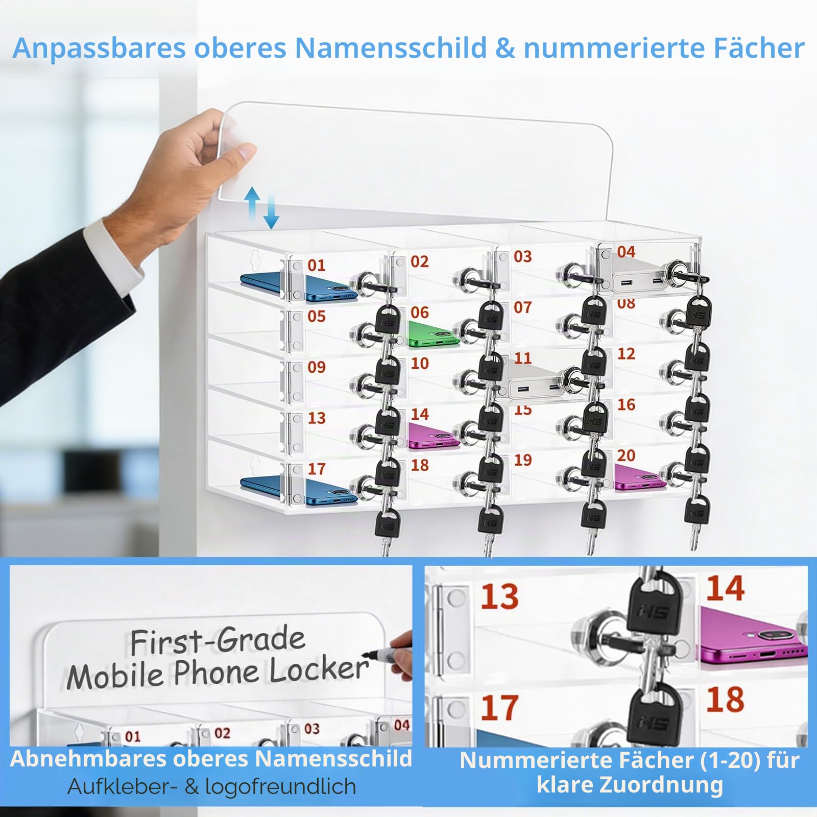 20 Fächern Handysafe mit Unabhängigen Schlössern, Handygarage Handytresor mit 40 Schlüsseln, Transparenter Acryl Handy Aufbewahrungsbox, Wandmontage für Schulen, Klassenzimmer, Büros, Fabriken