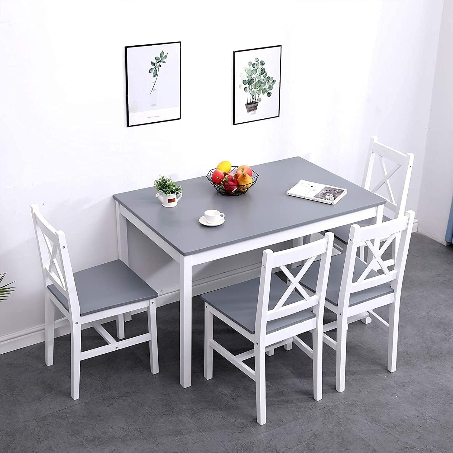 SogesPower Set da Pranzo per 4 Persone, Tavolo da Pranzo con 4 Sedie, Tavolo da Cucina in Legno, Tavolo da Pranzo e Sedie, Set di Mobili Salvaspazio per Cucina e Soggiorno, Grigio/Bianco
