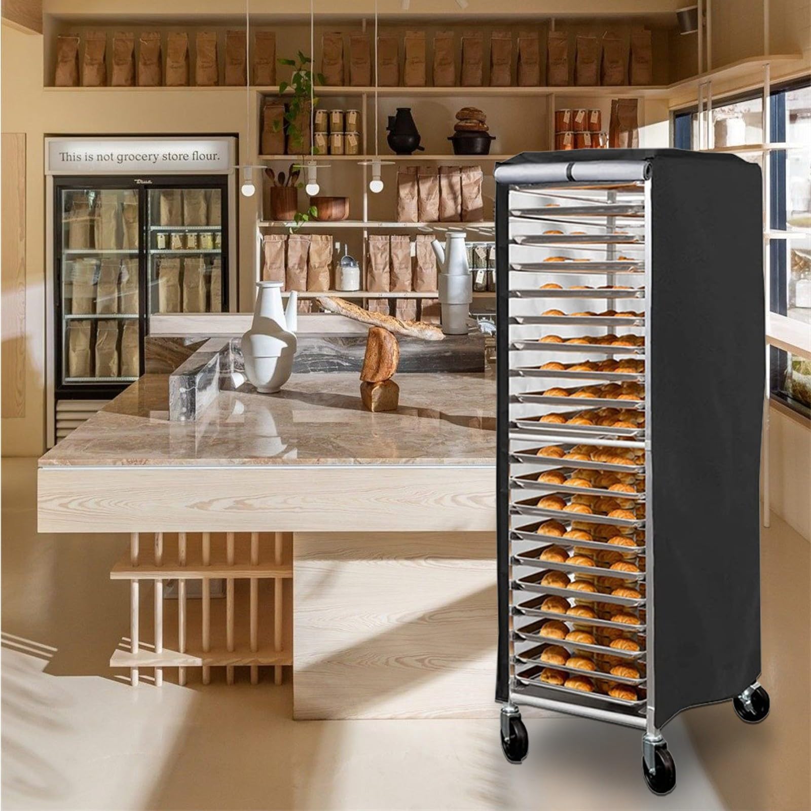 Housse de rangement commerciale en polyester 420D avec fenêtre de visualisation en PVC, convient aux étagères de boulanger de 59 x 72 x 163 cm, résistante aux intempéries et facile à