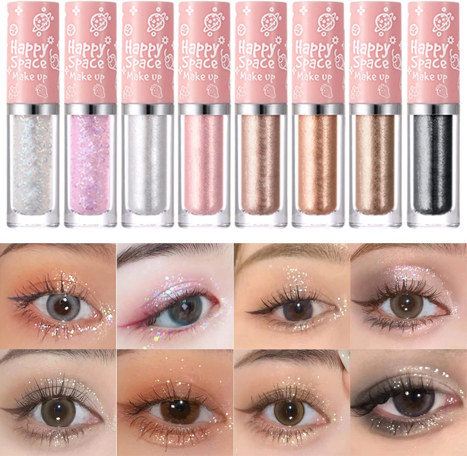 SYOSI Liquid Glitter Eyeshadow Set, Quick-Drying&Long Lasting Metallic Liquid Eyeshadow High Pigmented, Lightweight Glitter Glue for Creates Sparkly Crystals Eye Makeup (8PCS)
